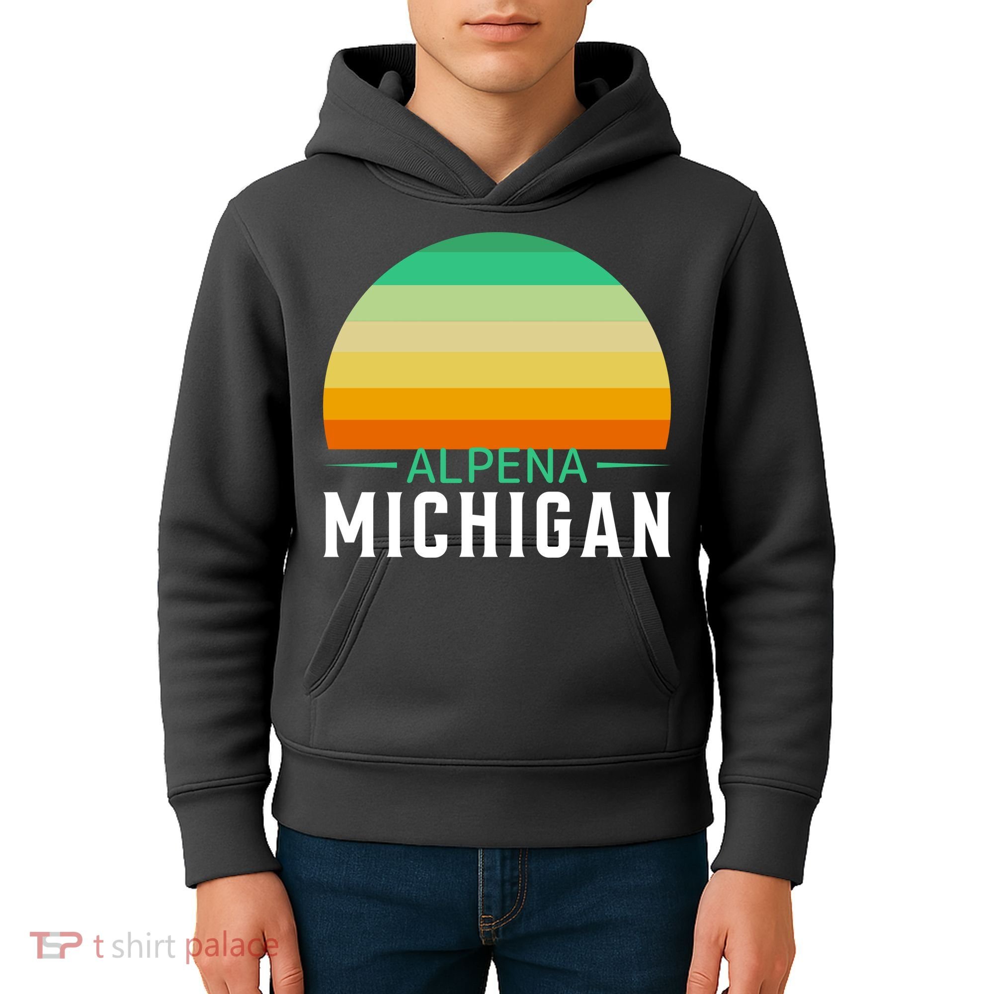 Alpena Michigan Retro Sunset Kids Hoodie