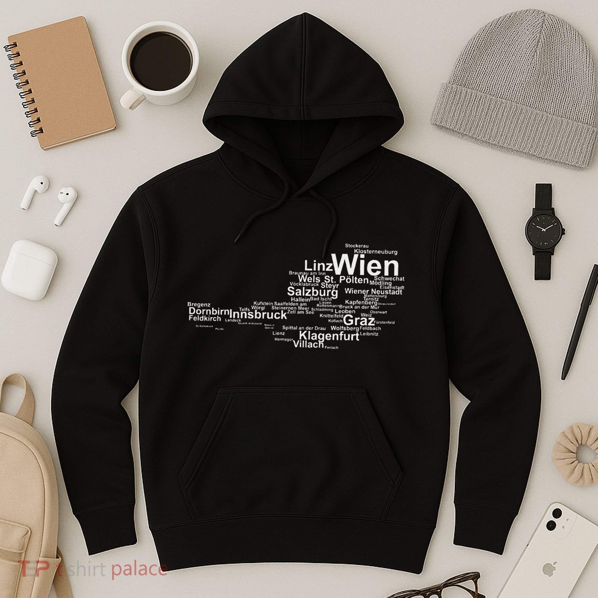 Austria Map Silhouette Cities Towns Travel Vacation Vienna Hoodie