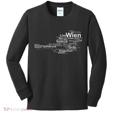 Austria Map Silhouette Cities Towns Travel Vacation Vienna Kids Long Sleeve Shirt