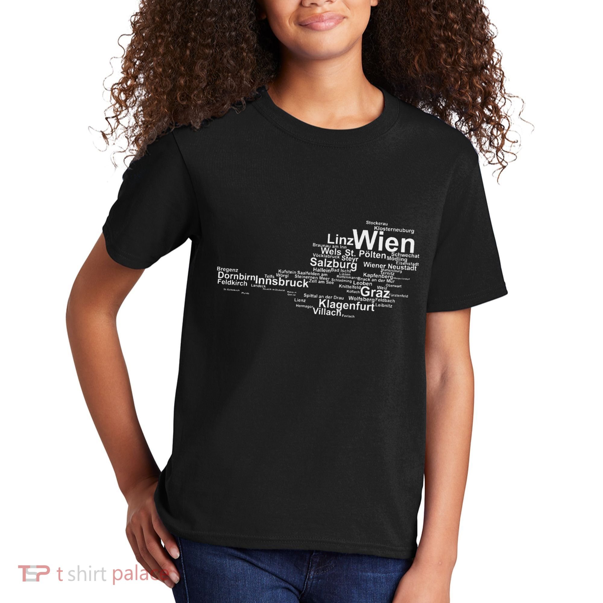 Austria Map Silhouette Cities Towns Travel Vacation Vienna Kids T-Shirt