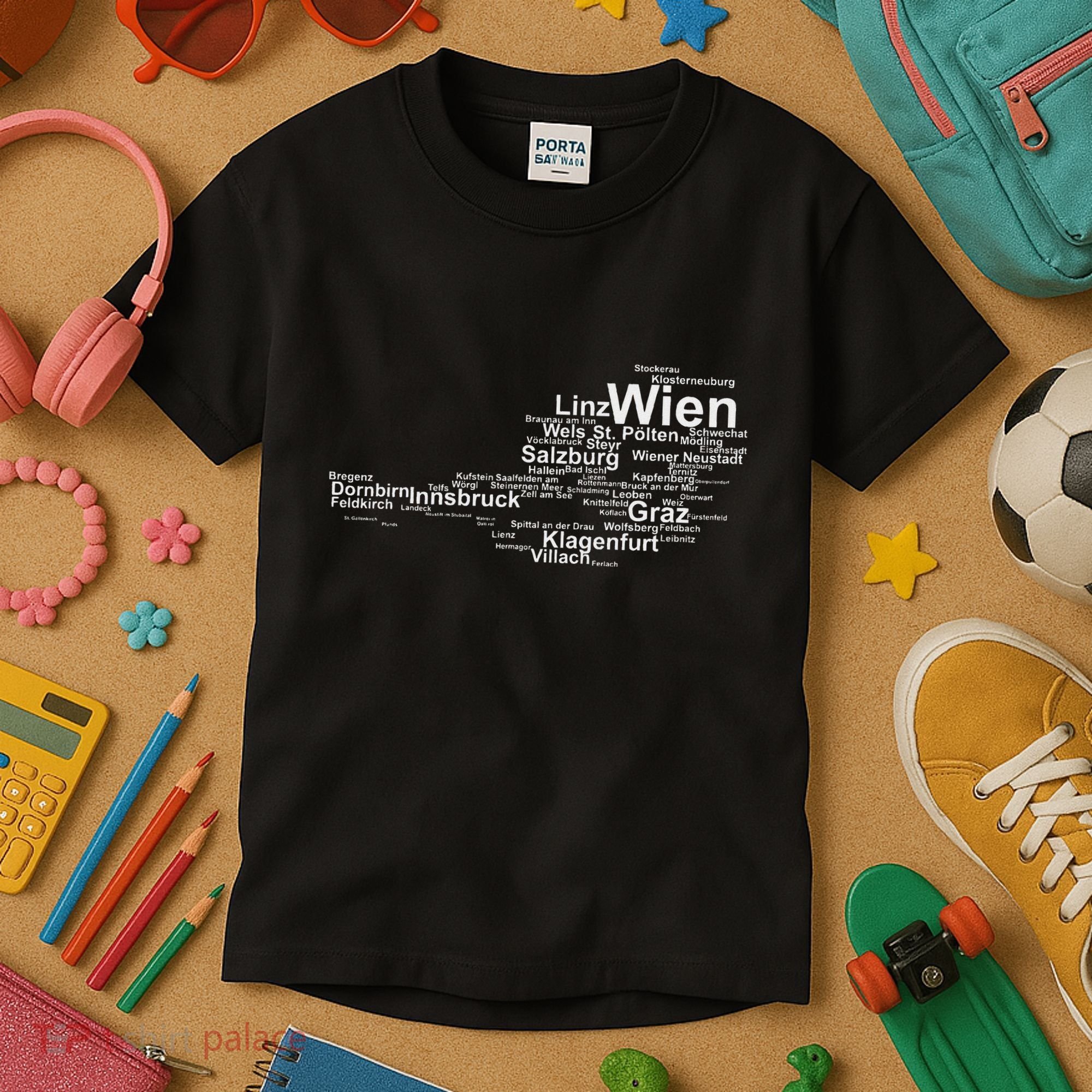 Austria Map Silhouette Cities Towns Travel Vacation Vienna Kids T-Shirt
