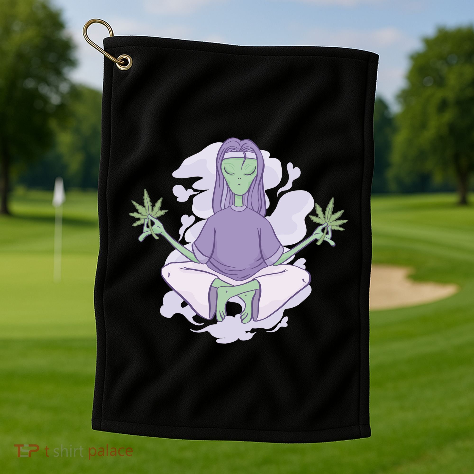 Alien Meditating Weed Golf Towel