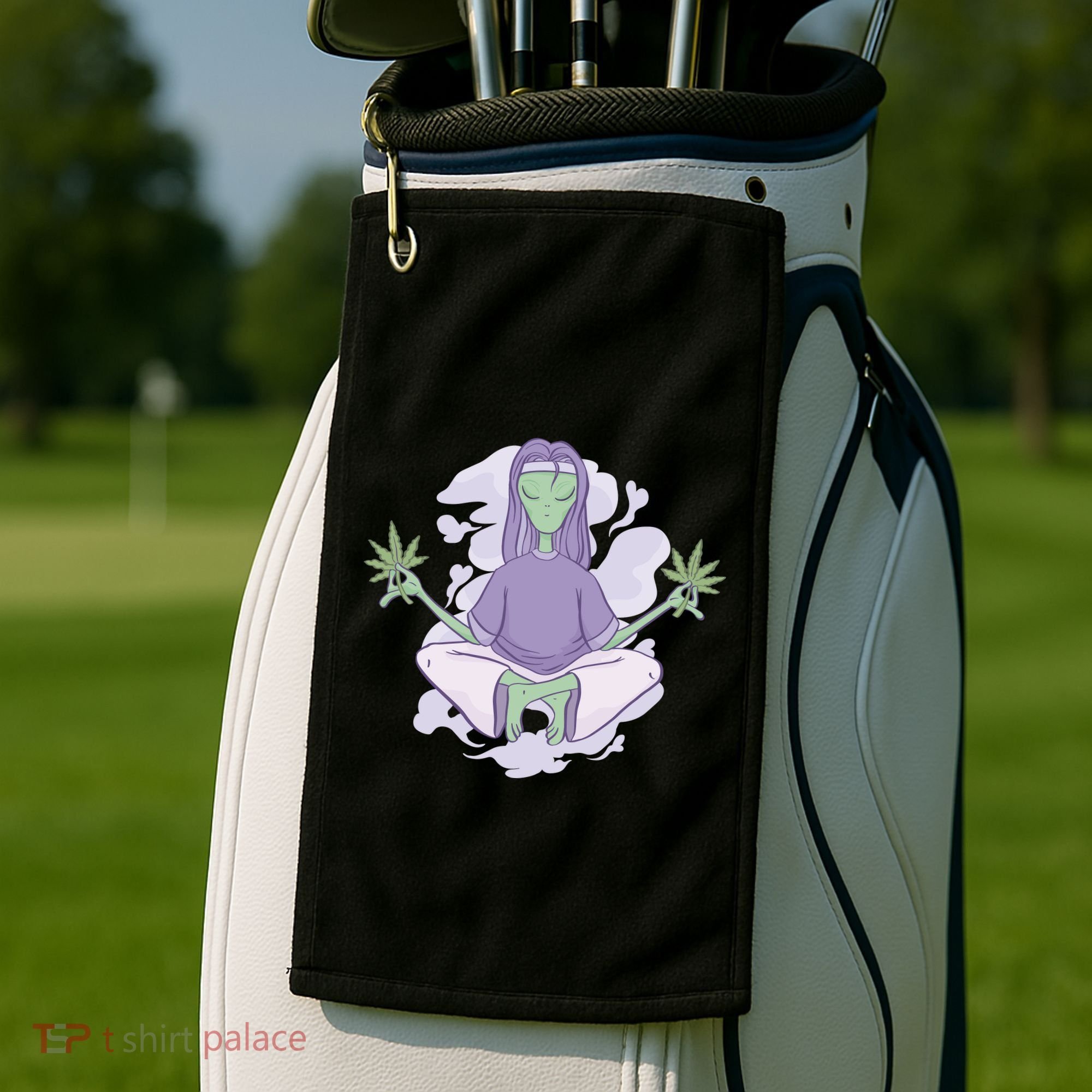 Alien Meditating Weed Golf Towel
