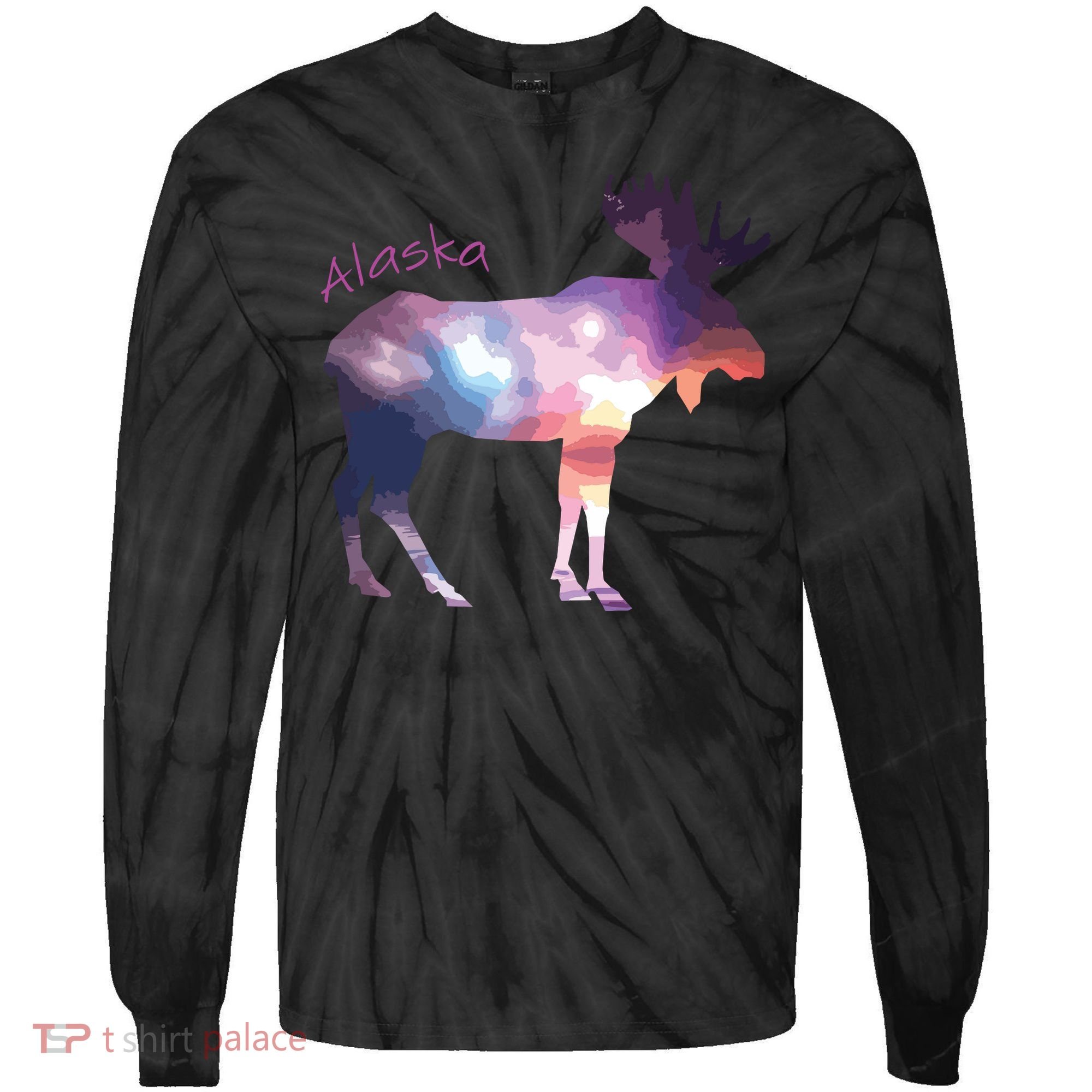 Alaska Moose Within The Borealis And The Polar Sky Tie-Dye Long Sleeve Shirt