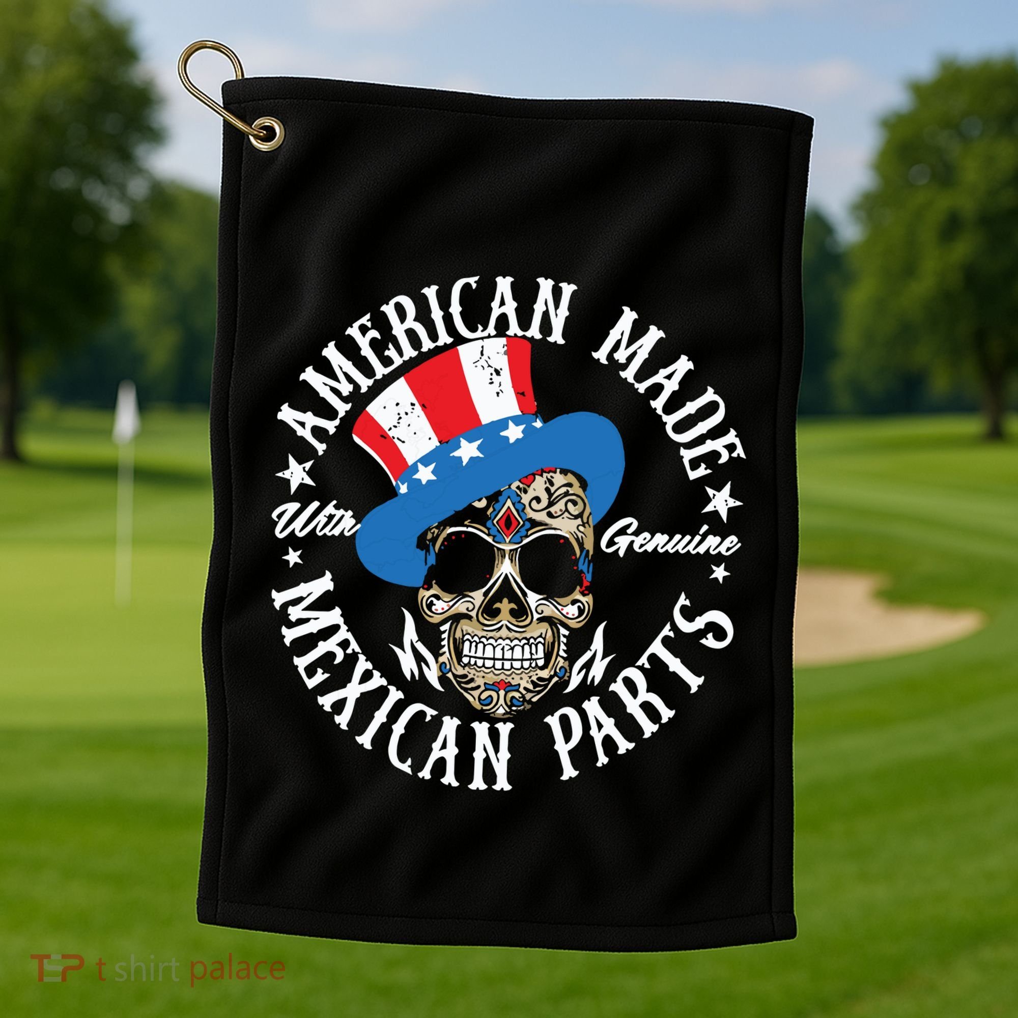 American Made With Genuine Mexican Parts Skull Golf Towel