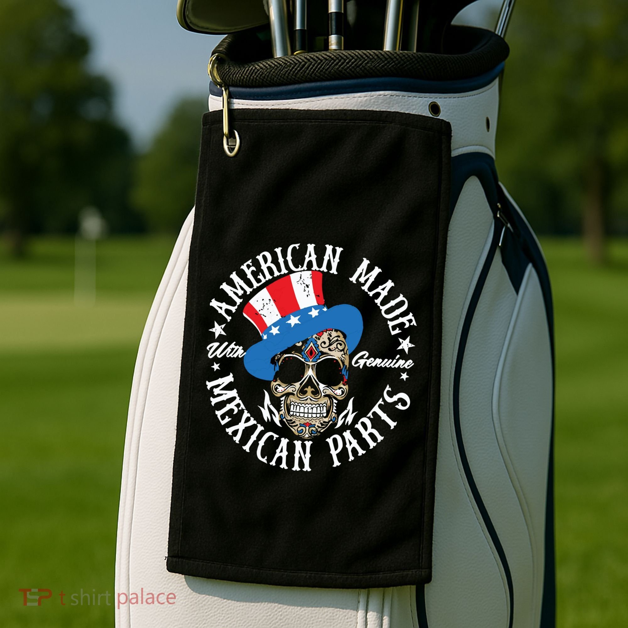 American Made With Genuine Mexican Parts Skull Golf Towel