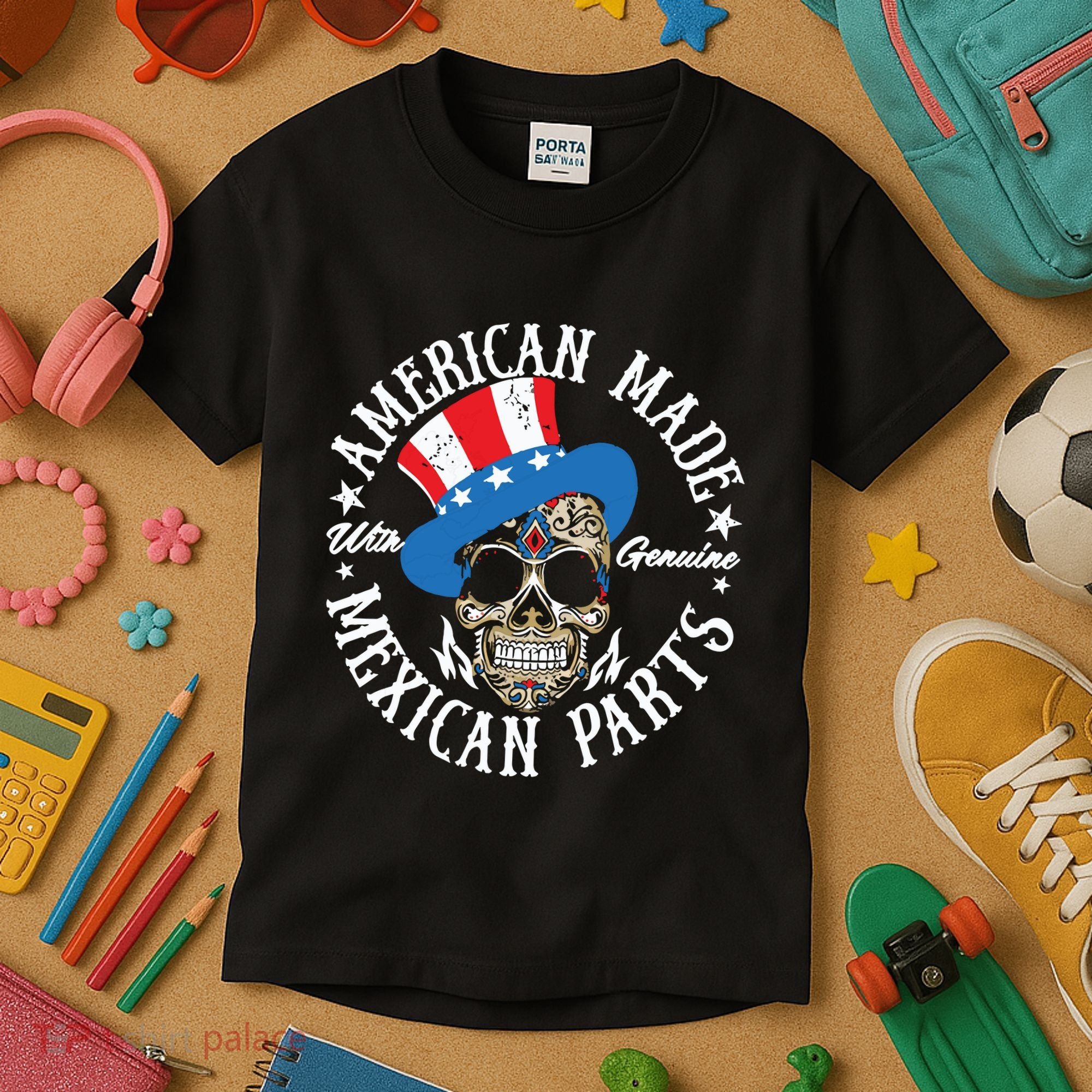 American Made With Genuine Mexican Parts Skull Kids T-Shirt