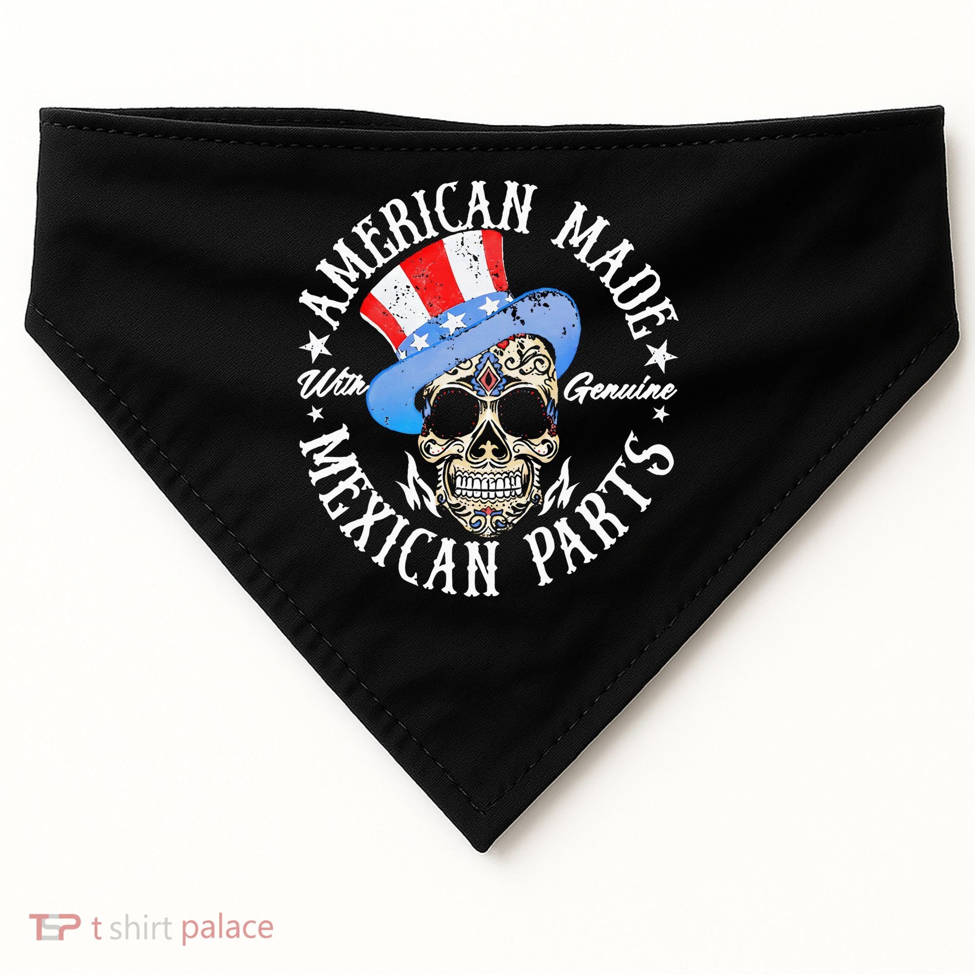 American Made With Genuine Mexican Parts Skull USA-Made Doggie Bandana