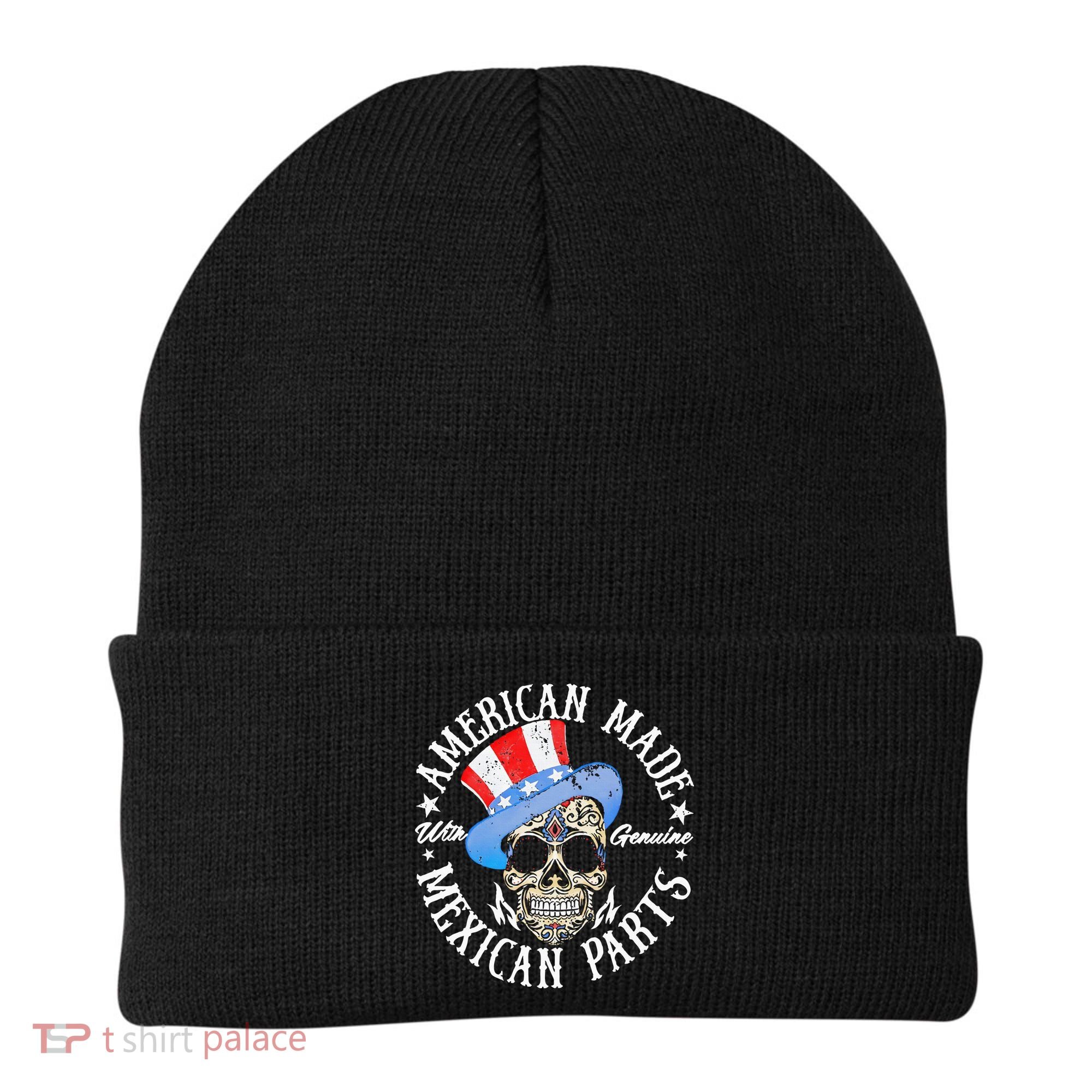 American Made With Genuine Mexican Parts Skull Beanie