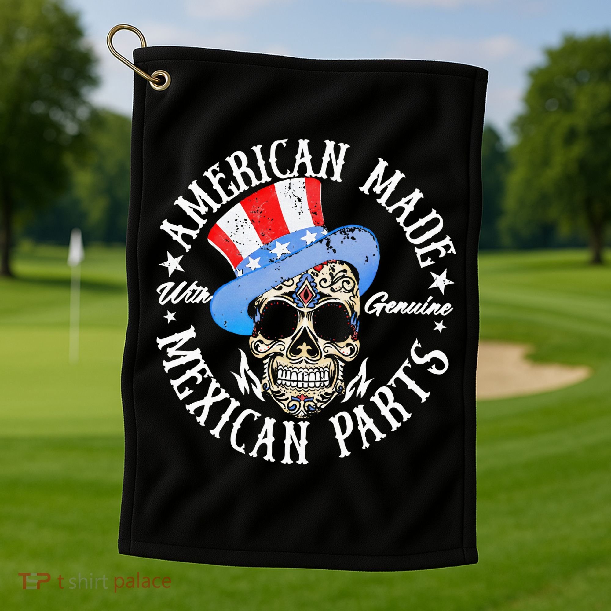 American Made With Genuine Mexican Parts Skull Golf Towel