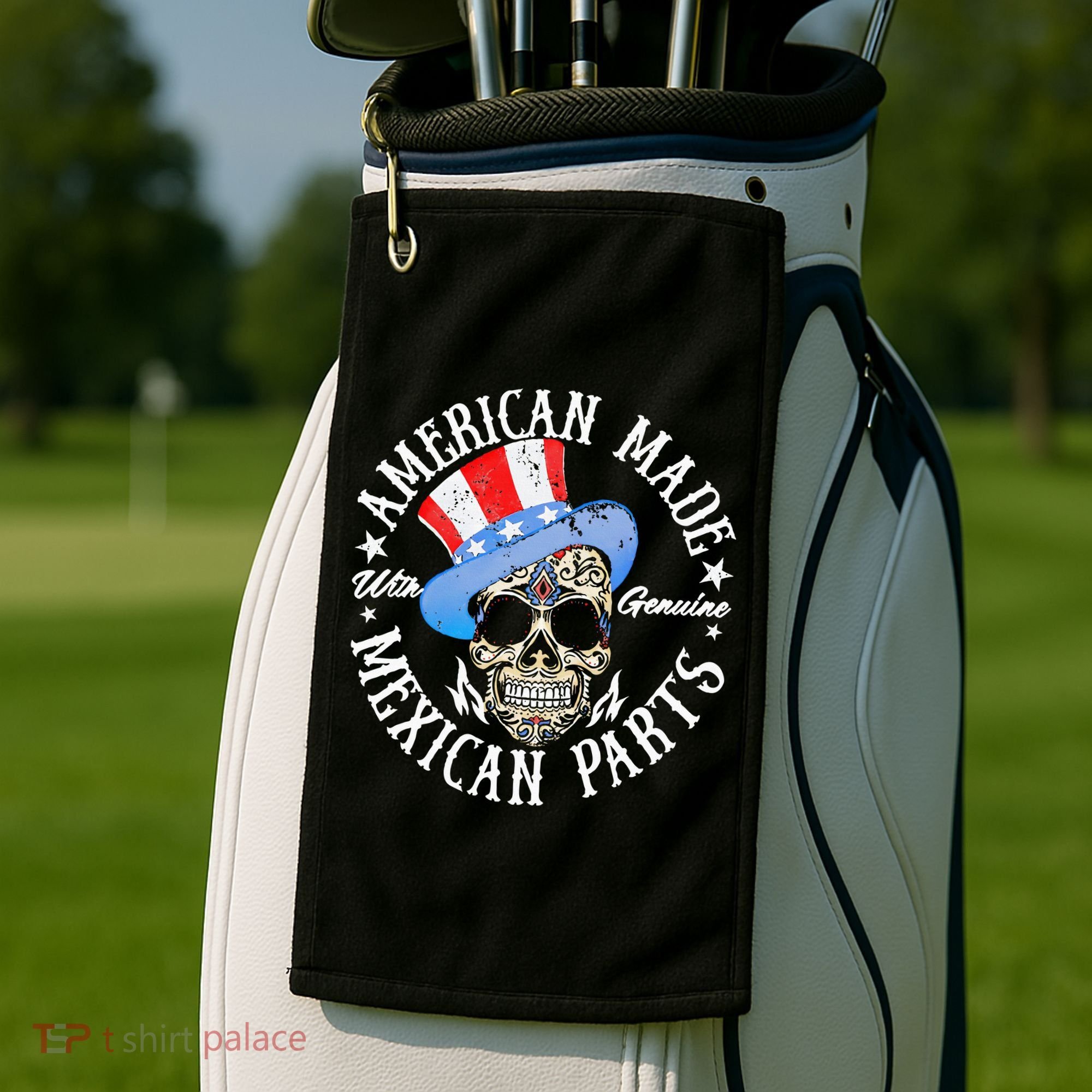 American Made With Genuine Mexican Parts Skull Golf Towel