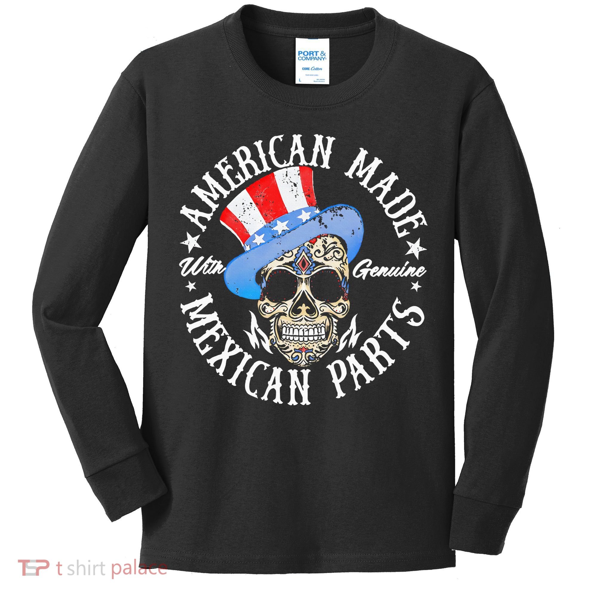 American Made With Genuine Mexican Parts Skull Kids Long Sleeve Shirt