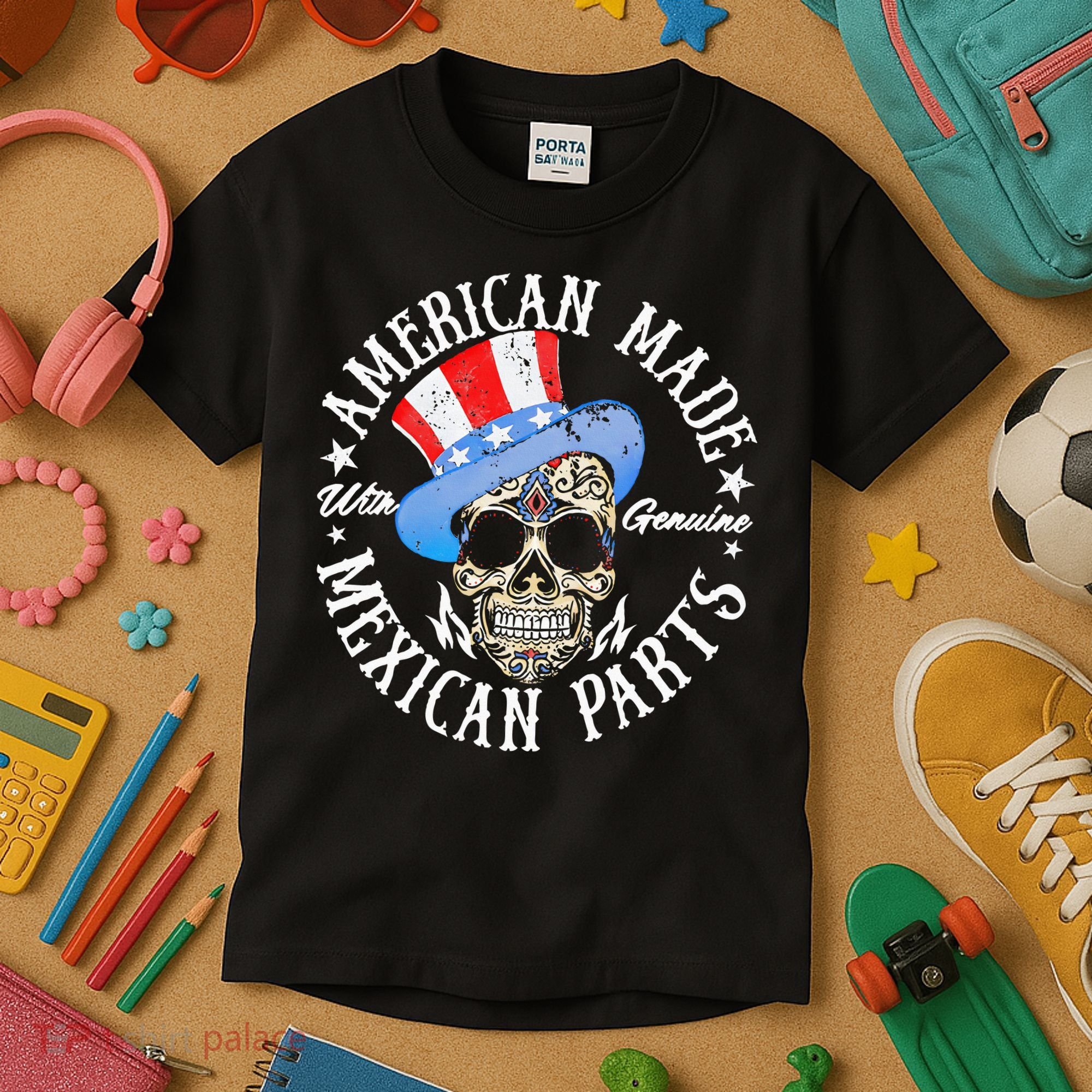American Made With Genuine Mexican Parts Skull Kids T-Shirt