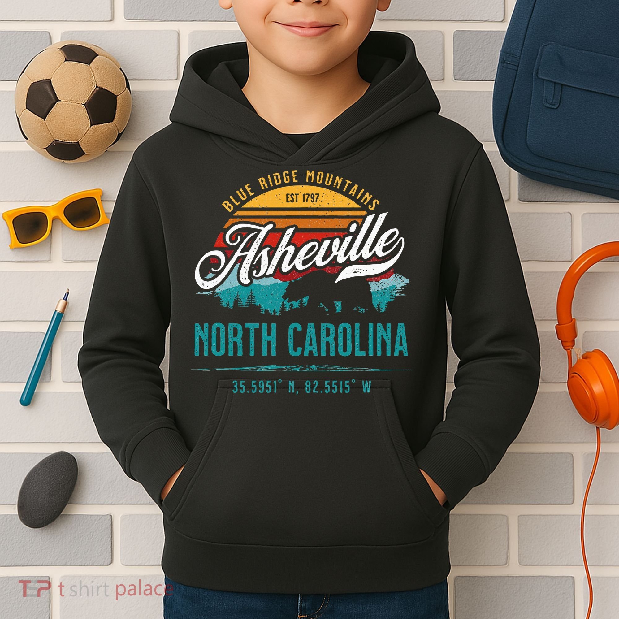 Asheville North Carolina Retro Sunset Blue Ridge Mountains Kids Hoodie