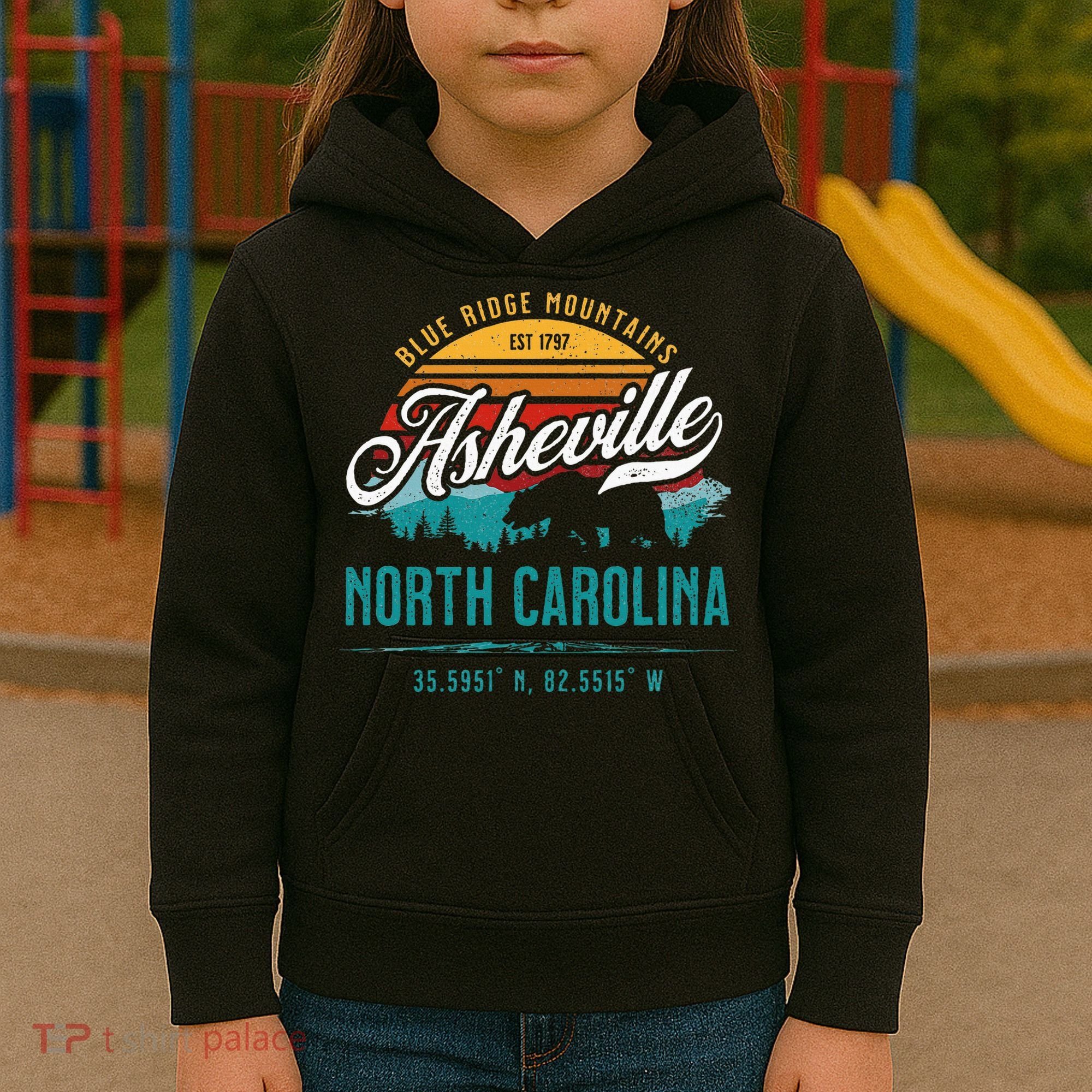 Asheville North Carolina Retro Sunset Blue Ridge Mountains Kids Hoodie