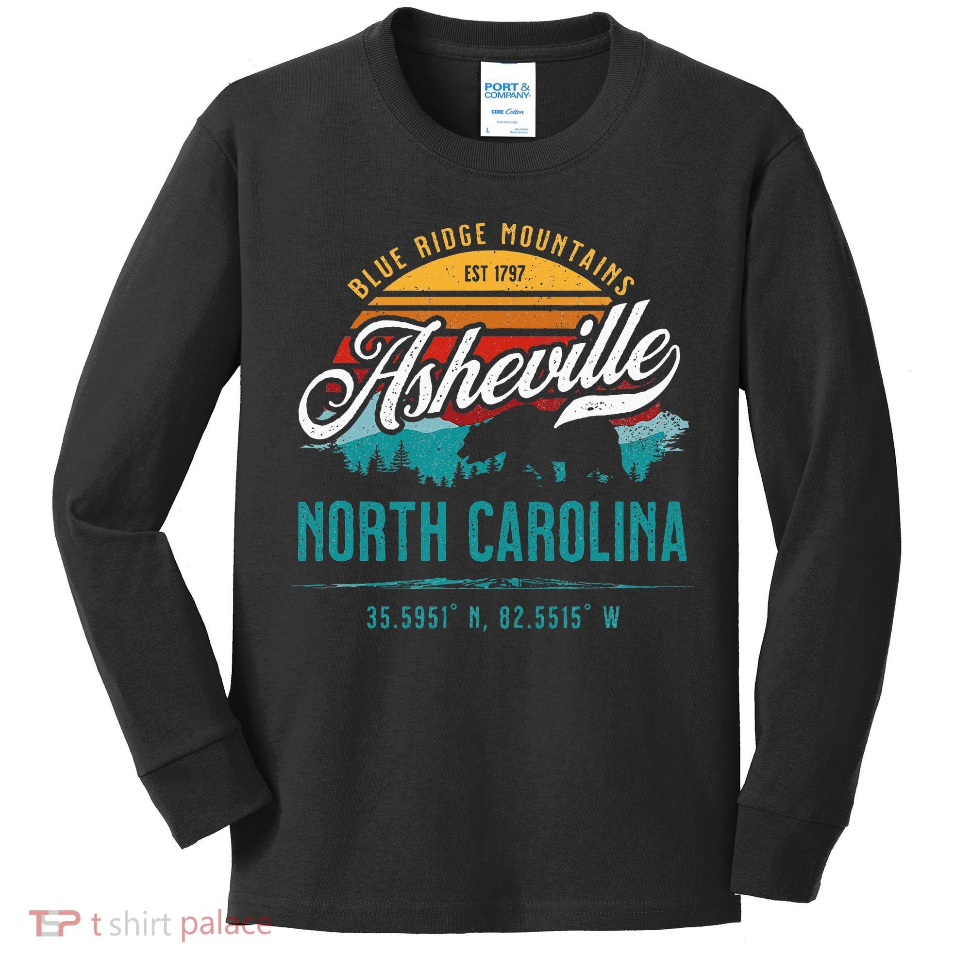 Asheville North Carolina Retro Sunset Blue Ridge Mountains Kids Long Sleeve Shirt