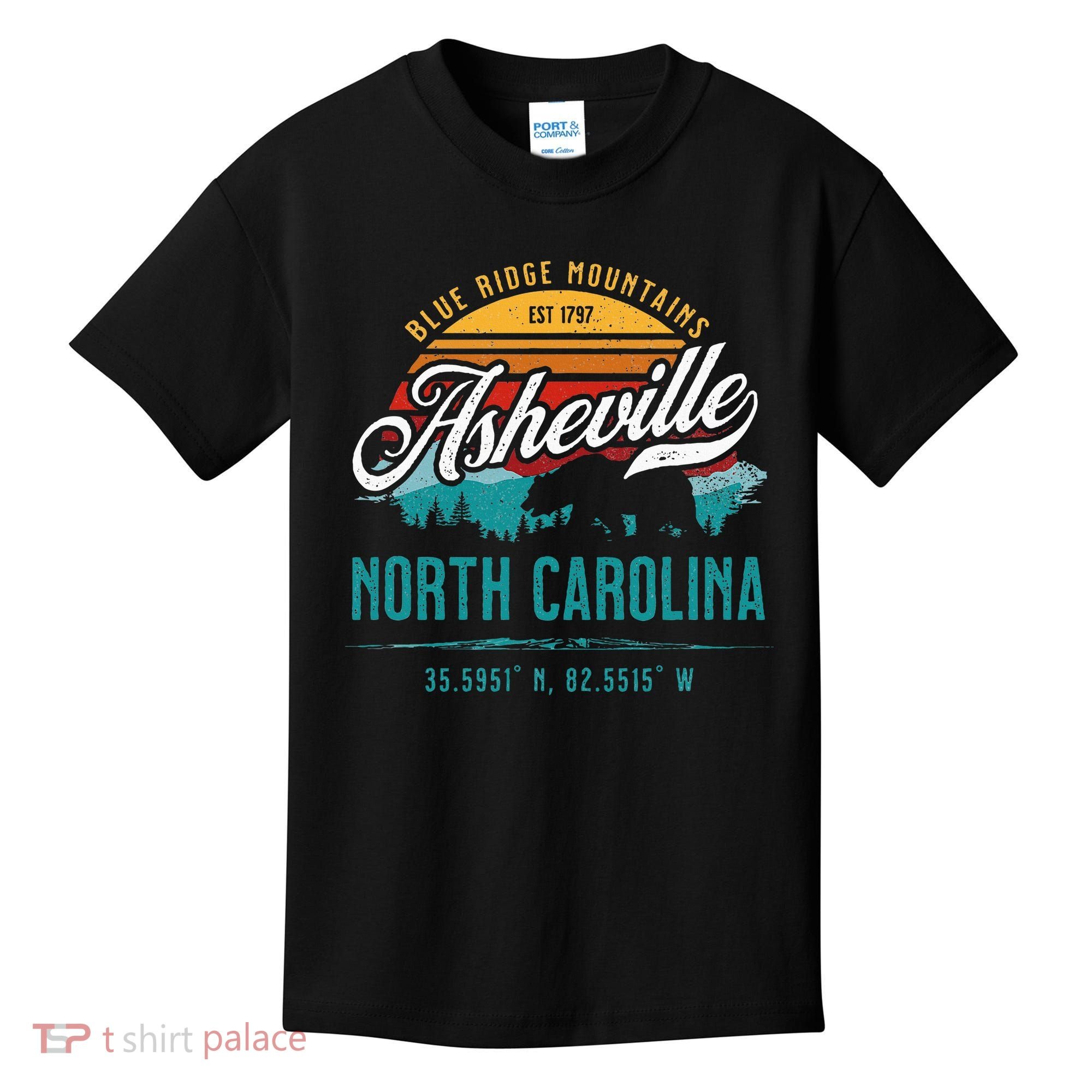 Asheville North Carolina Retro Sunset Blue Ridge Mountains Kids T-Shirt
