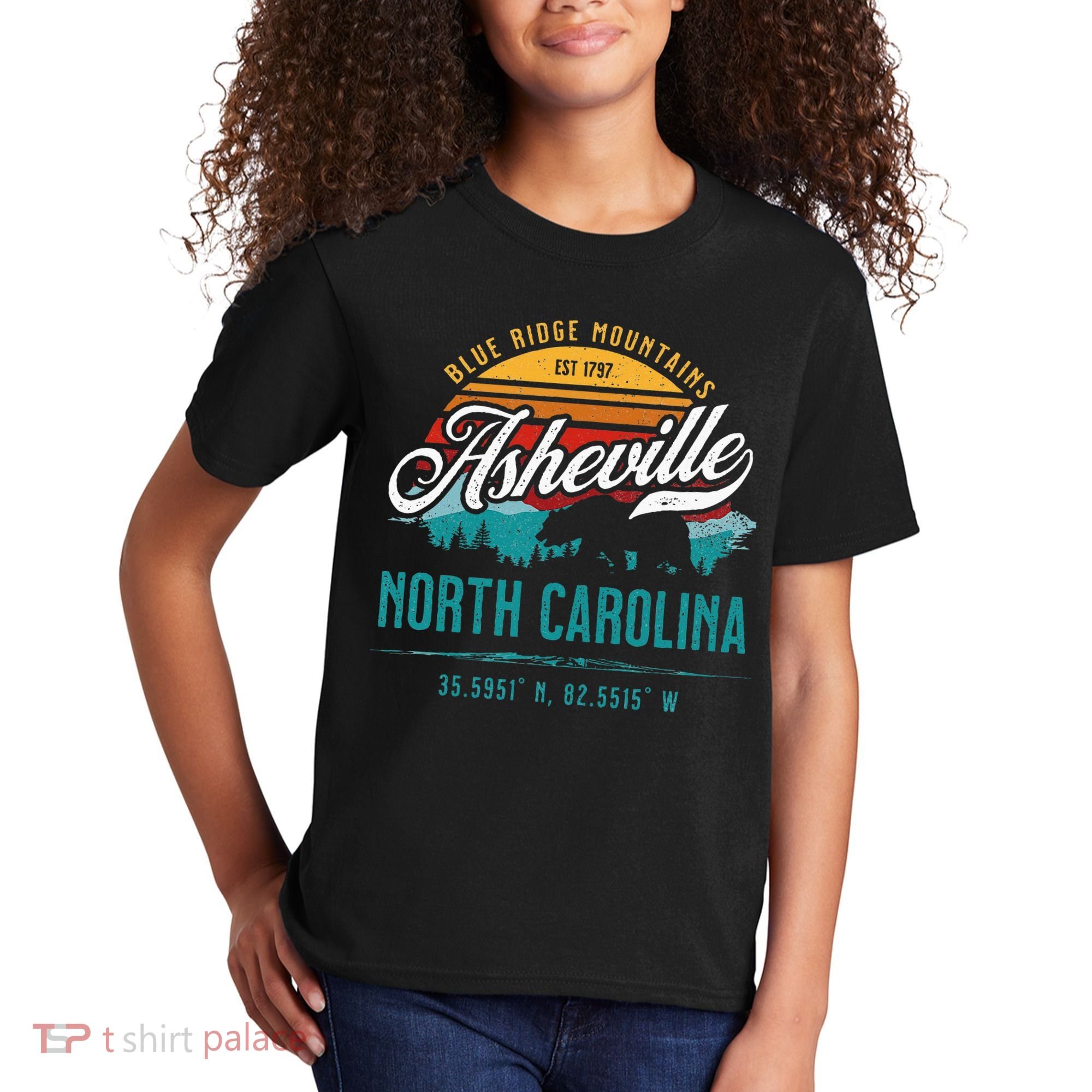 Asheville North Carolina Retro Sunset Blue Ridge Mountains Kids T-Shirt
