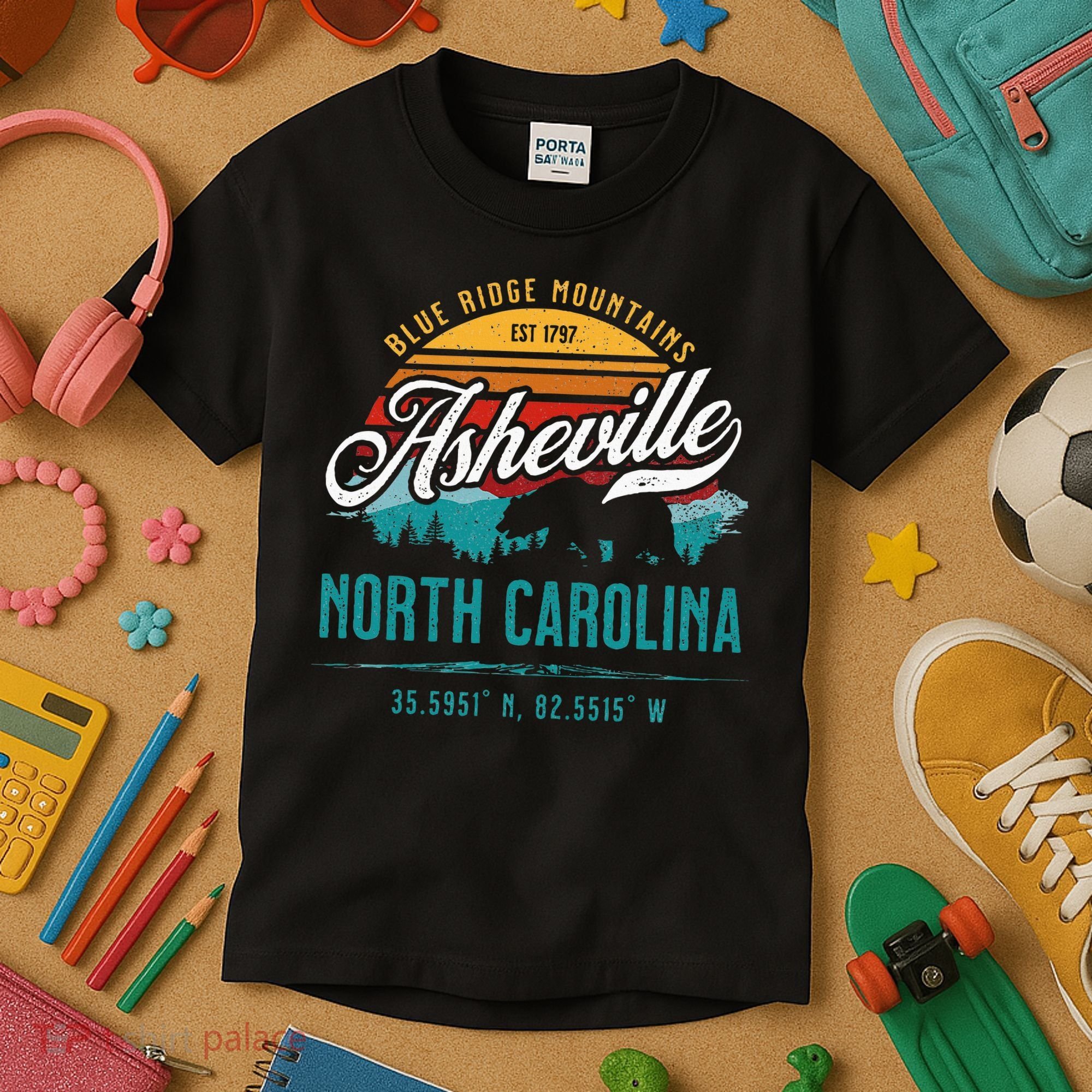 Asheville North Carolina Retro Sunset Blue Ridge Mountains Kids T-Shirt