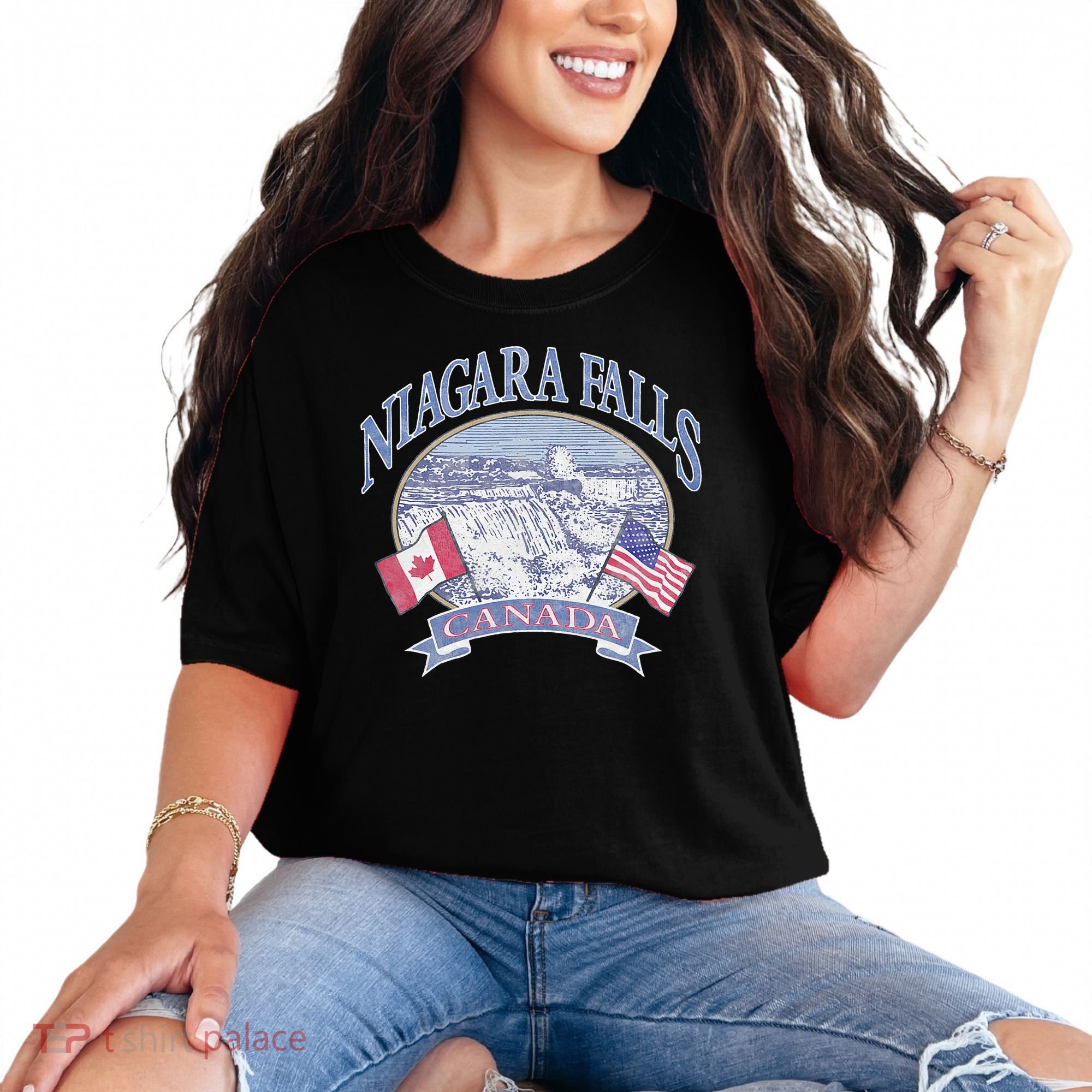 Americana Niagara Falls Scene Canada America Flags Comfort Colors T-Shirt