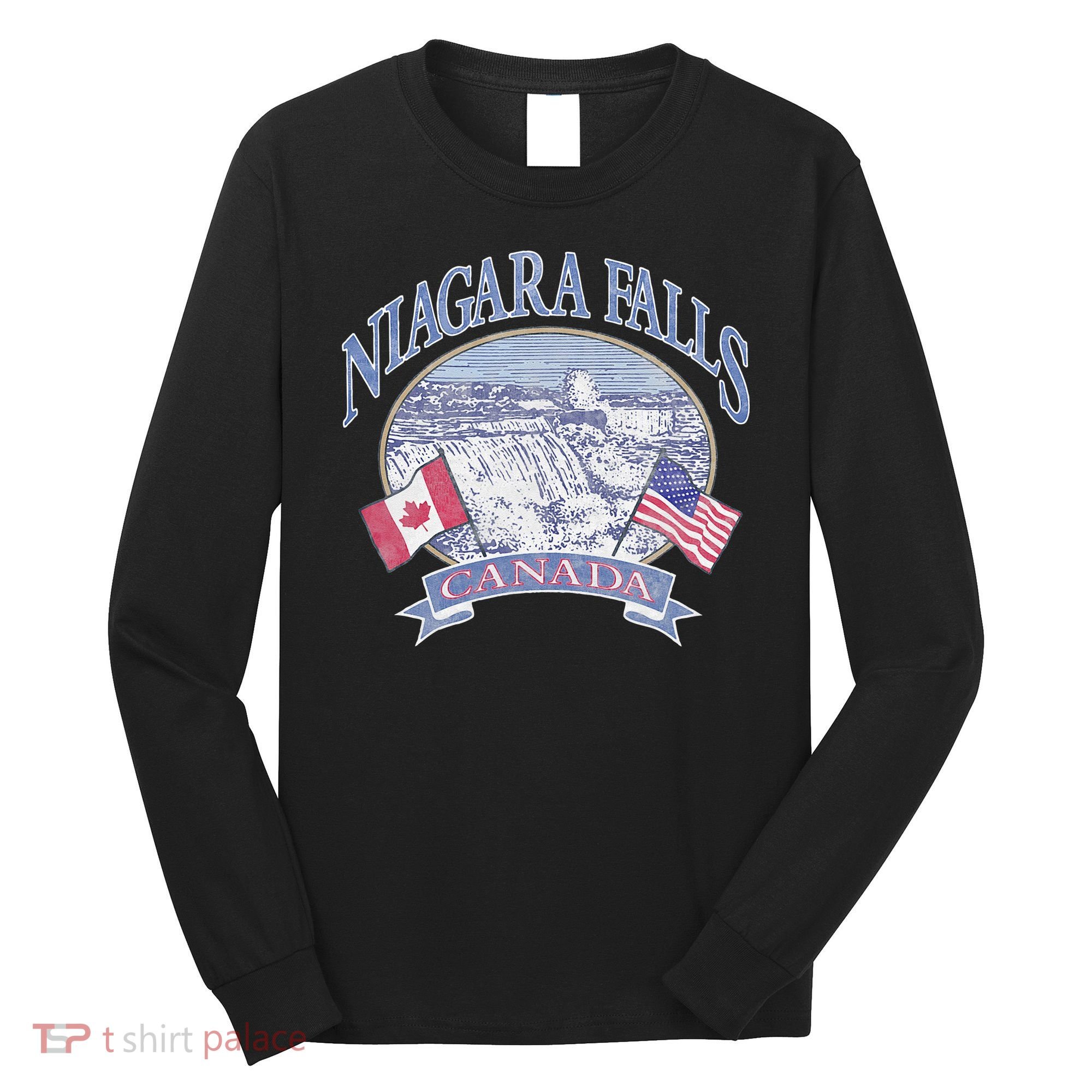Americana Niagara Falls Scene Canada America Flags Long Sleeve Shirt