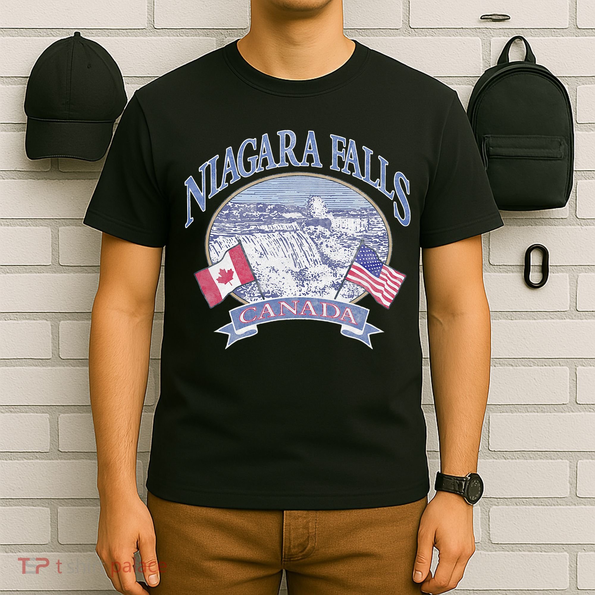 Americana Niagara Falls Scene Canada America Flags T-Shirt