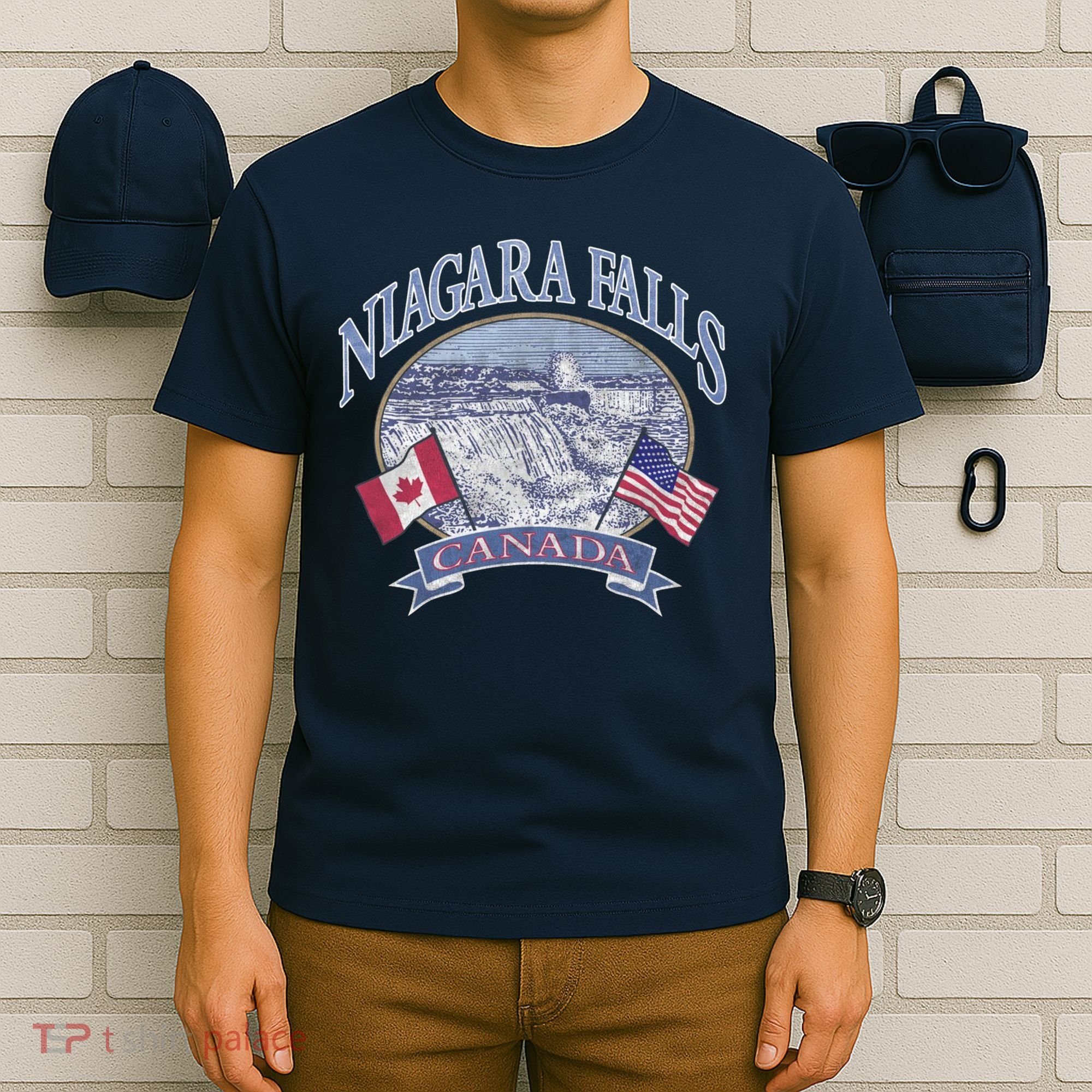 Americana Niagara Falls Scene Canada America Flags Gift T-Shirt