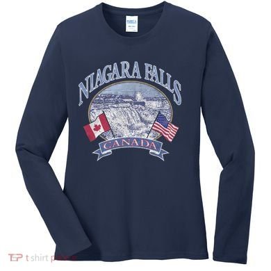 Americana Niagara Falls Scene Canada America Flags Gift Women's Long Sleeve Shirt