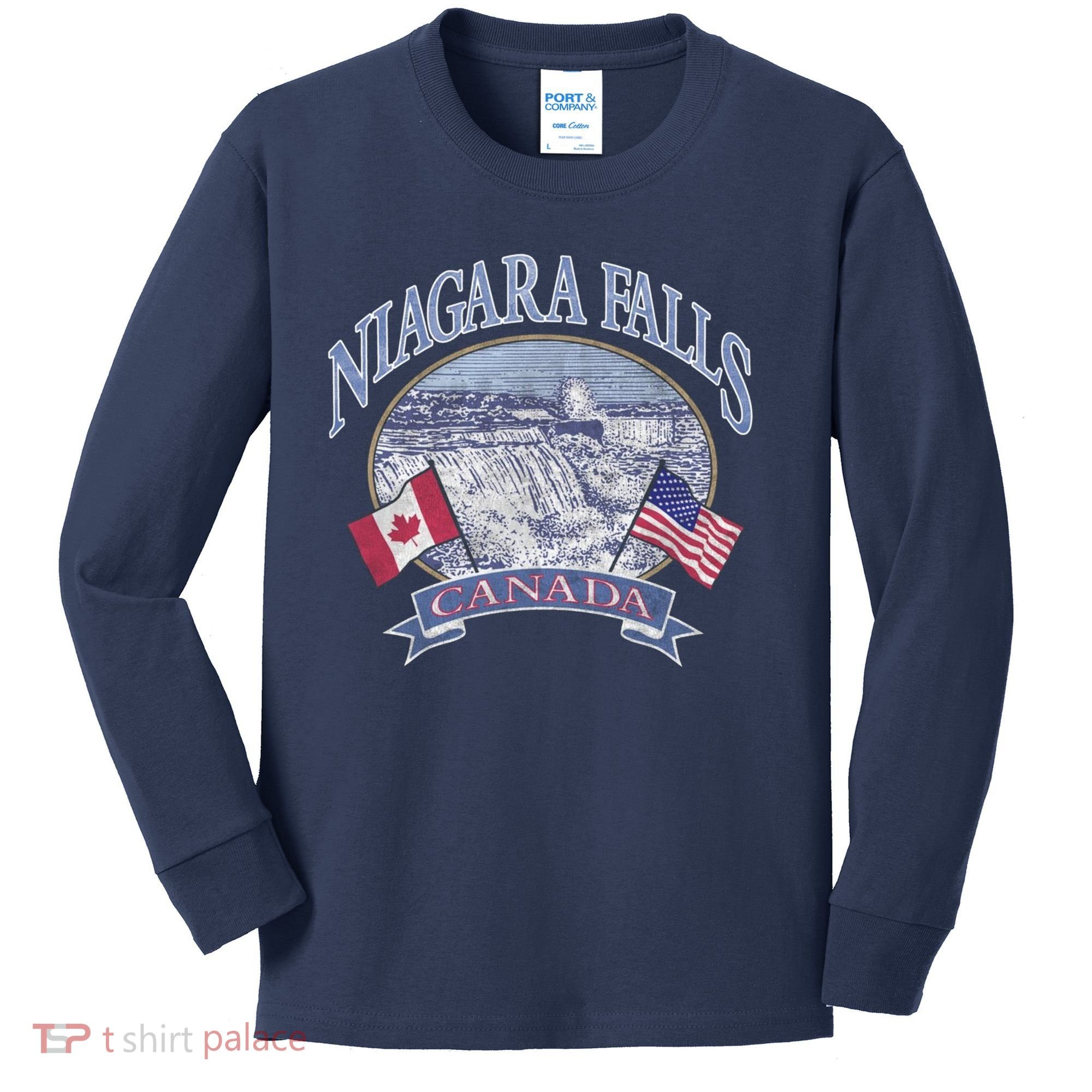 Americana Niagara Falls Scene Canada America Flags Gift Kids Long Sleeve Shirt