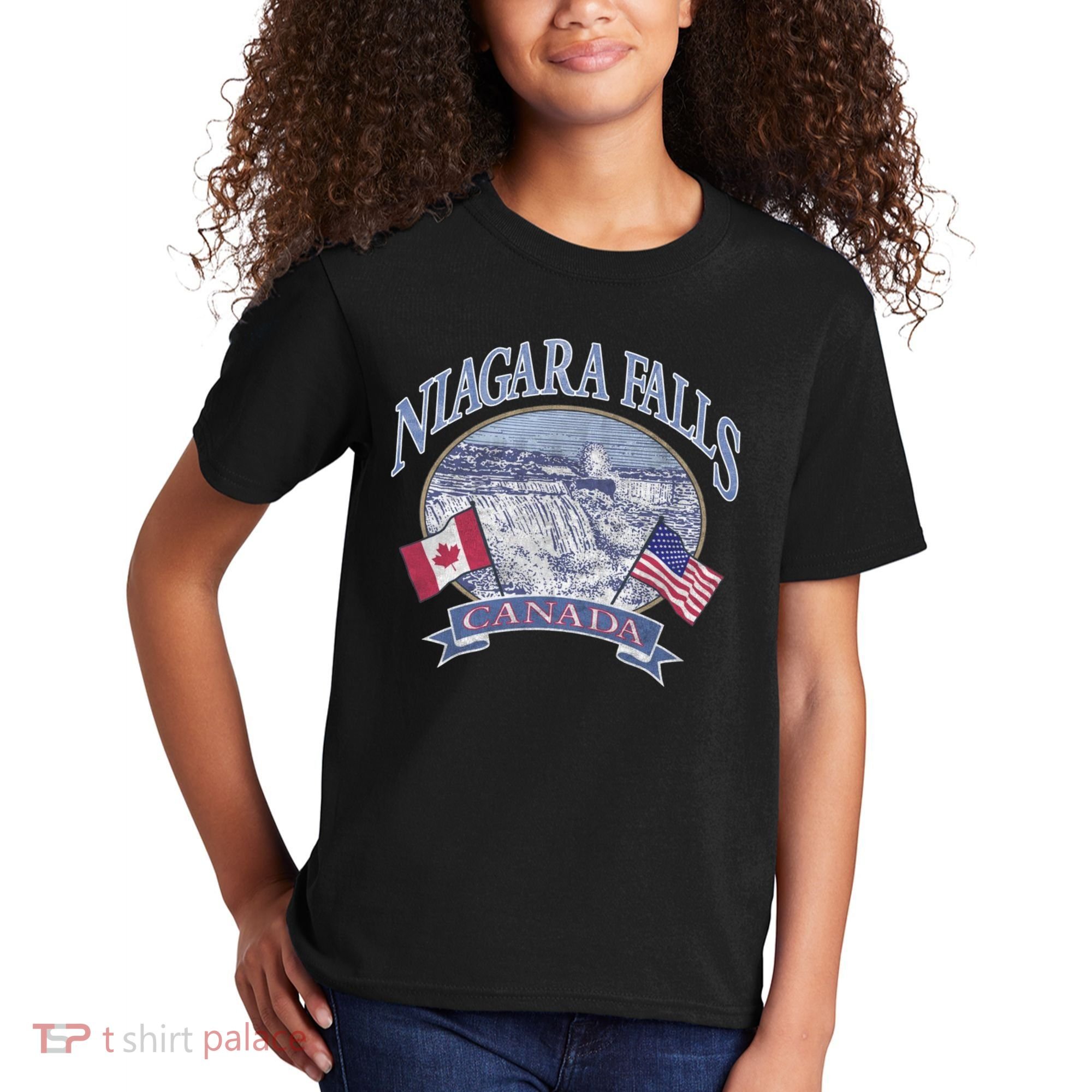 Americana Niagara Falls Scene Canada America Flags Gift Kids T-Shirt