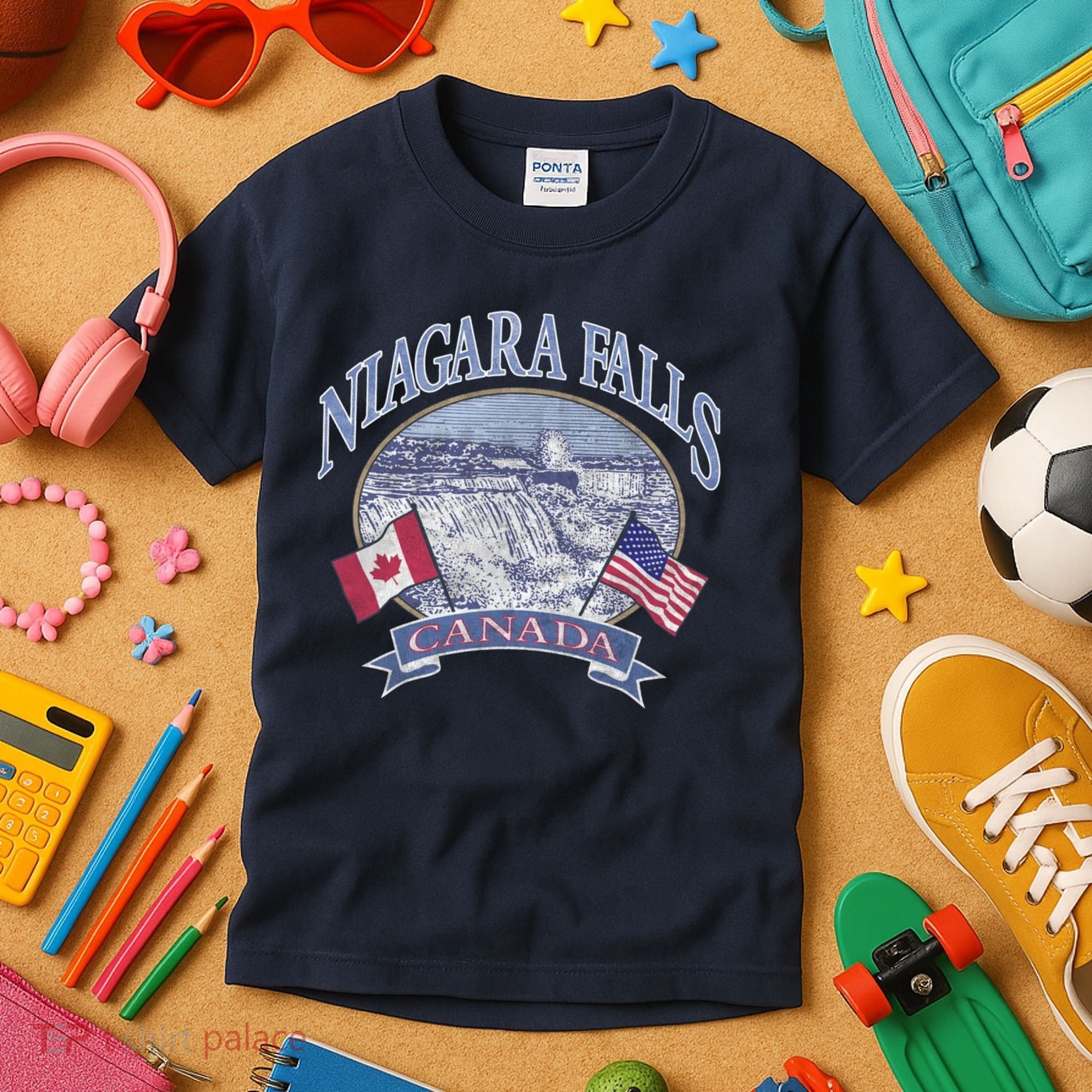 Americana Niagara Falls Scene Canada America Flags Gift Kids T-Shirt