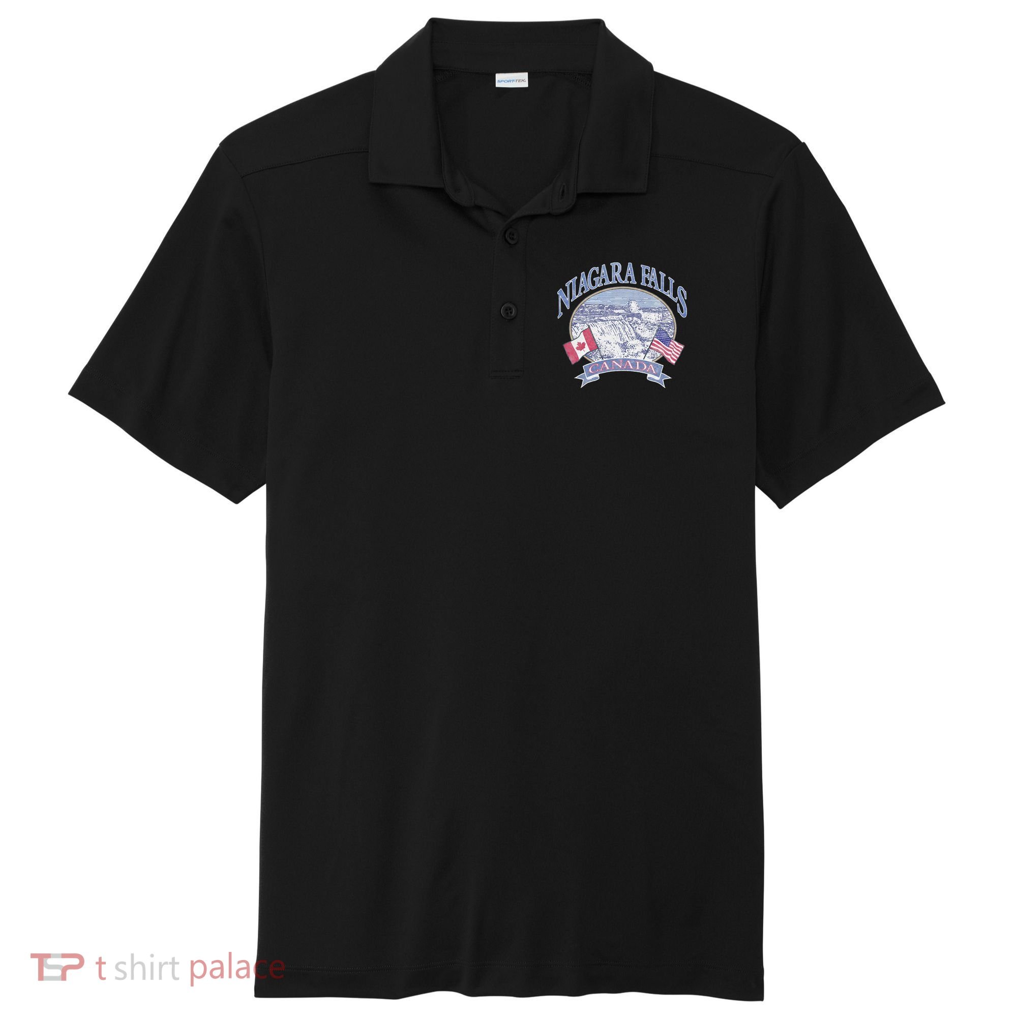 Americana Niagara Falls Scene Canada America Flags Sport-Tek Posi-UV Pro Polo