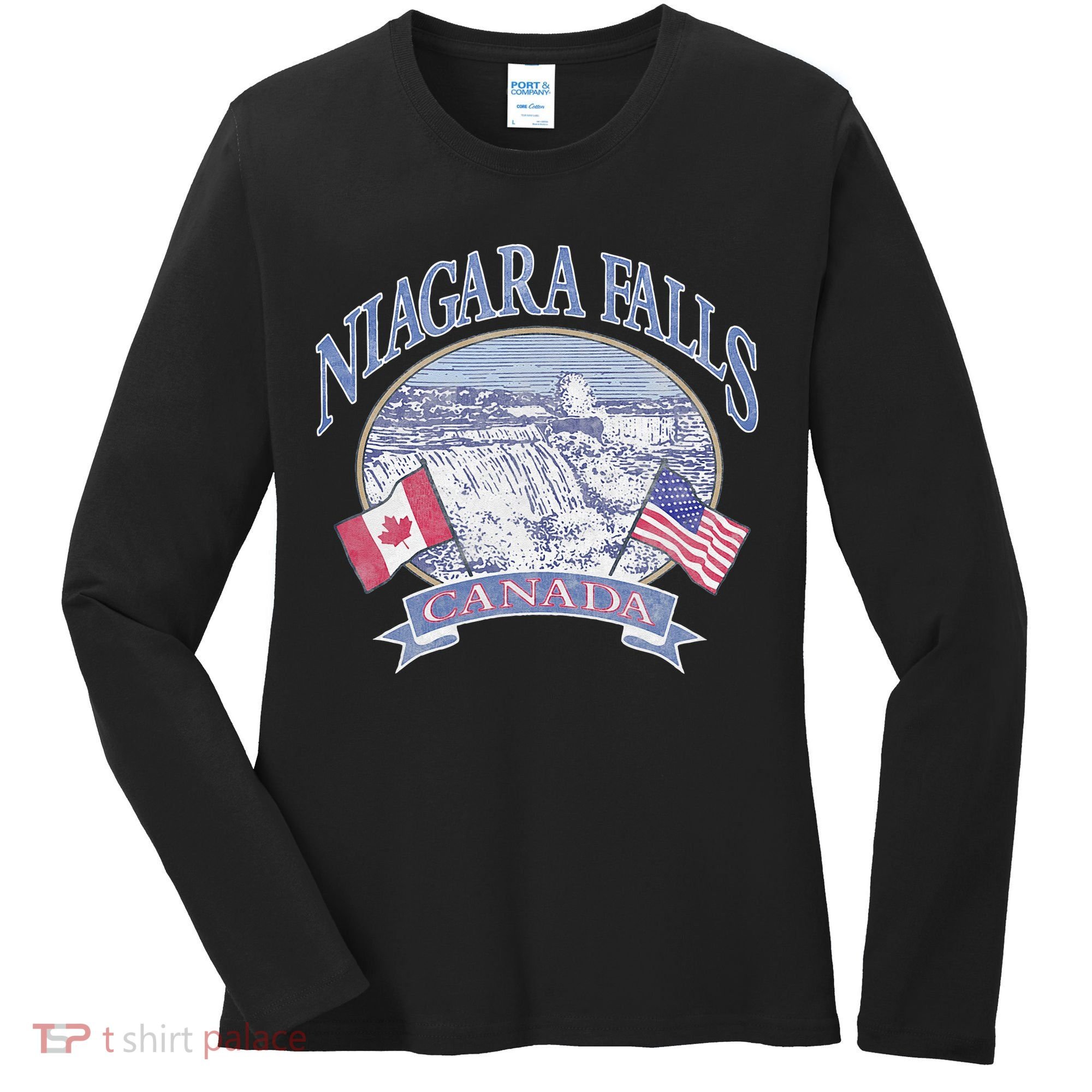 Americana Niagara Falls Scene Canada America Flags Women's Long Sleeve Shirt