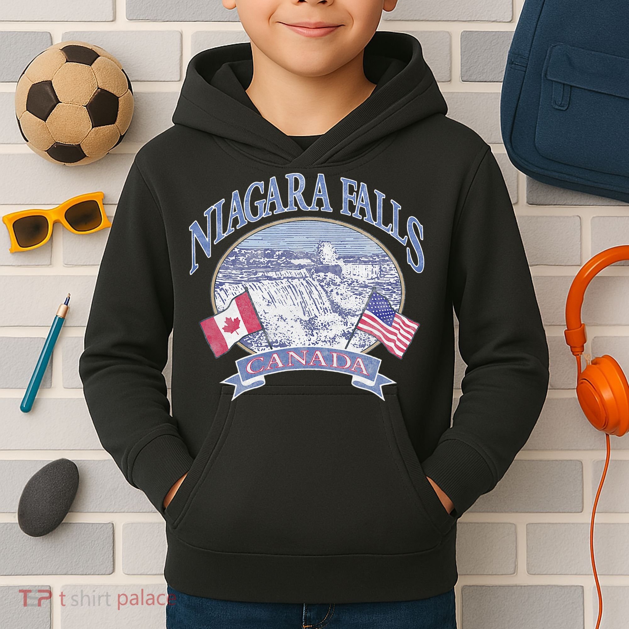 Americana Niagara Falls Scene Canada America Flags Kids Hoodie