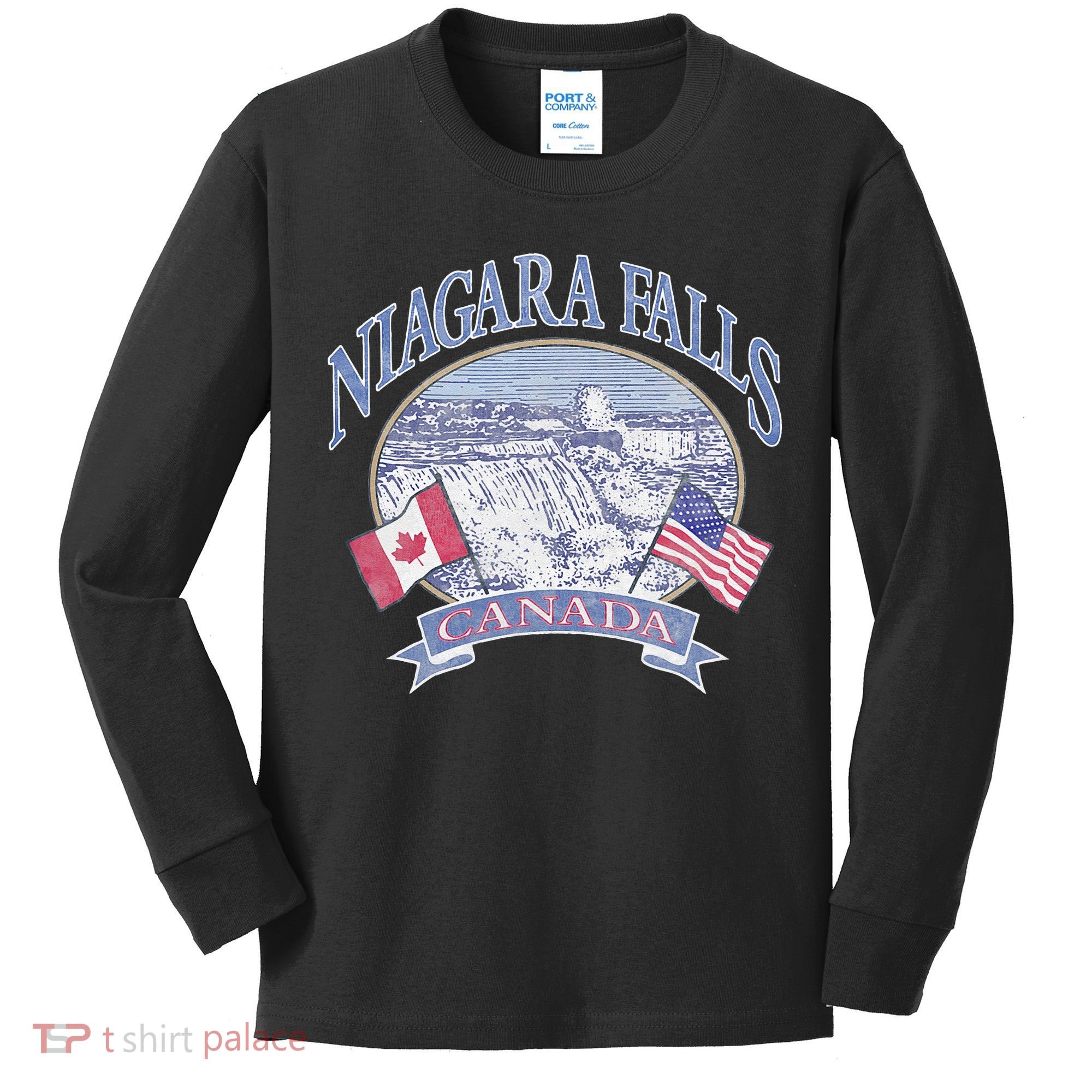 Americana Niagara Falls Scene Canada America Flags Kids Long Sleeve Shirt
