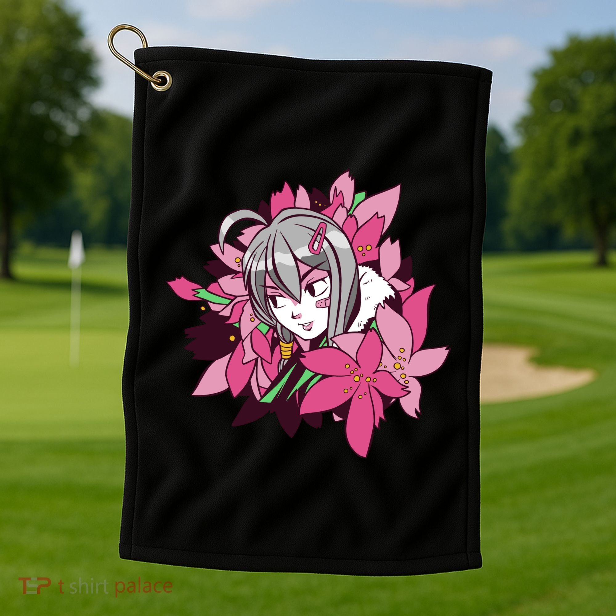 Anime Girl Flowers Golf Towel
