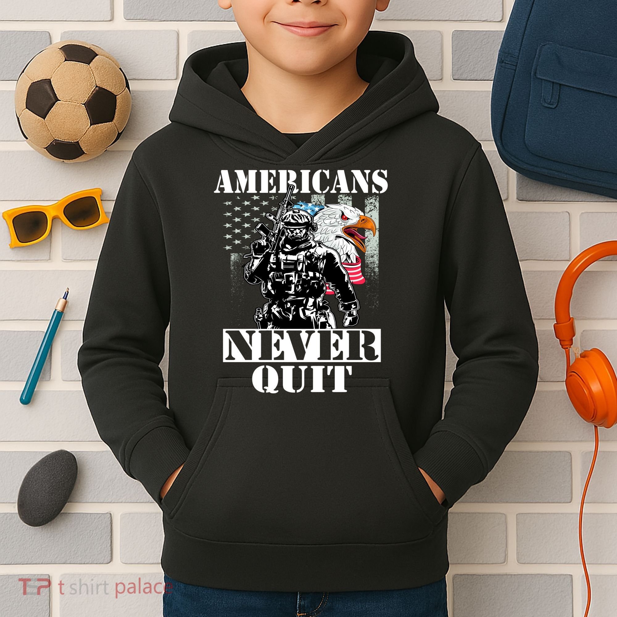 Americans Never Quit Veteran Kids Hoodie