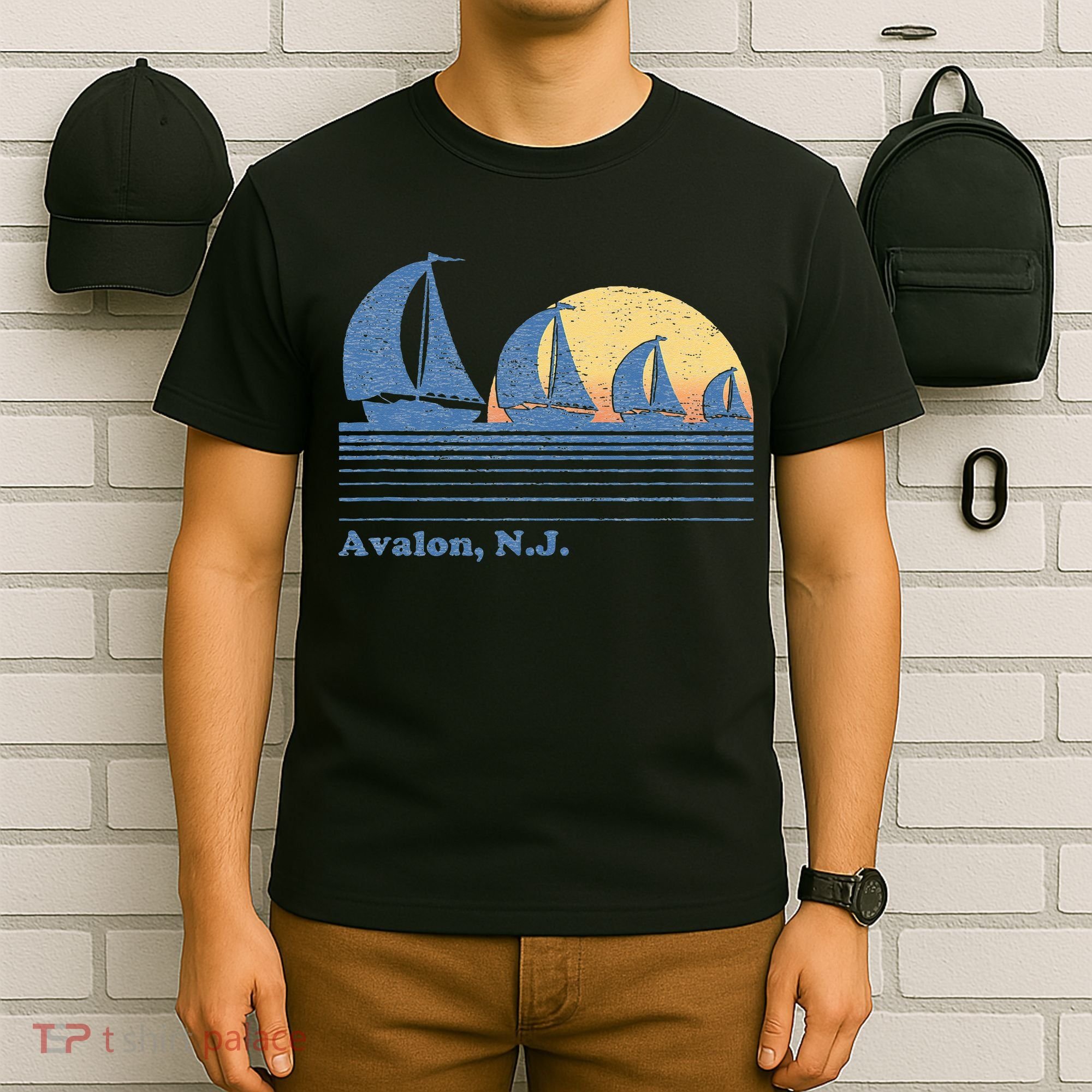 Avalon NJ Sailboat Vintage 80s Sunset T-Shirt