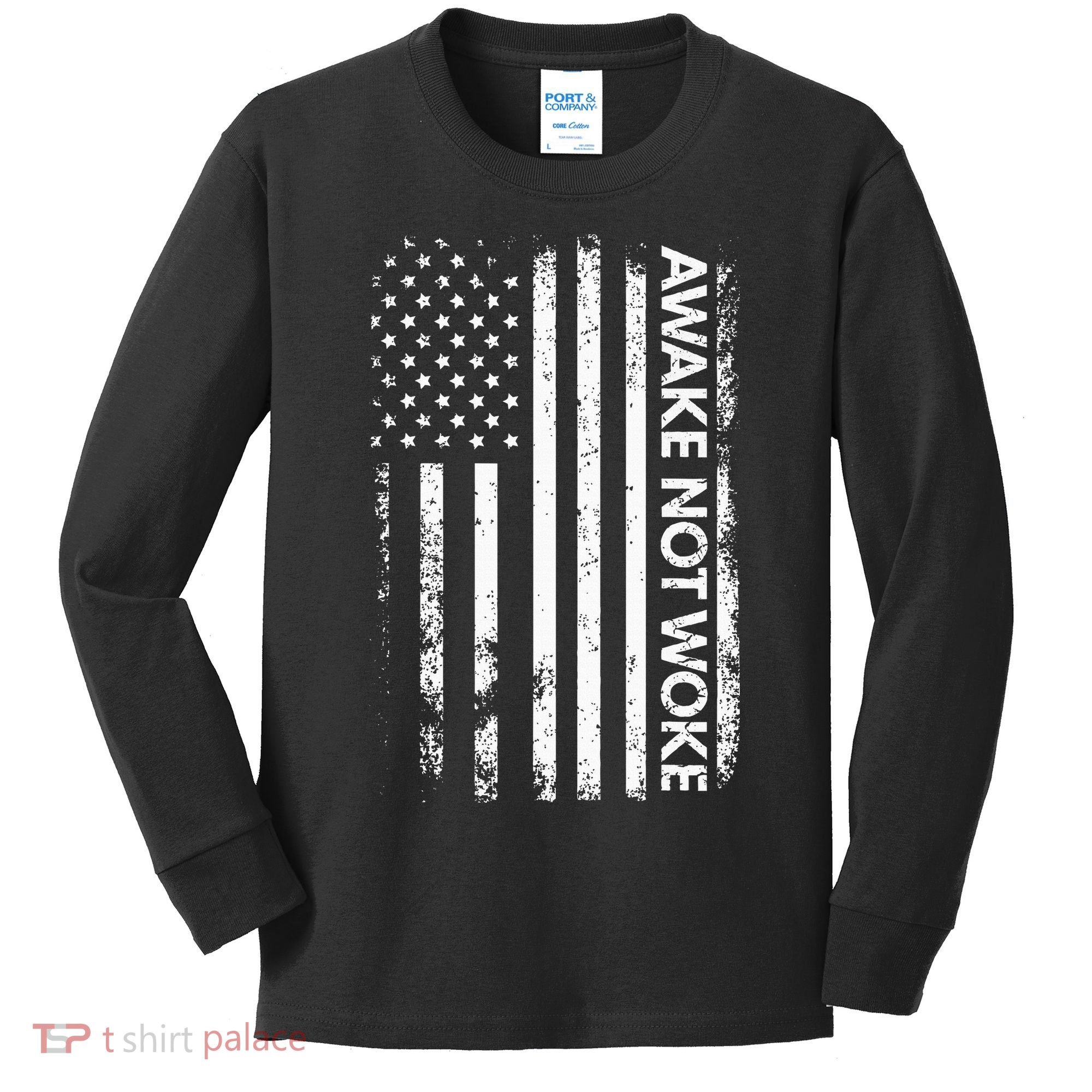 Awake Not Woke American Flag Free Speech Kids Long Sleeve Shirt