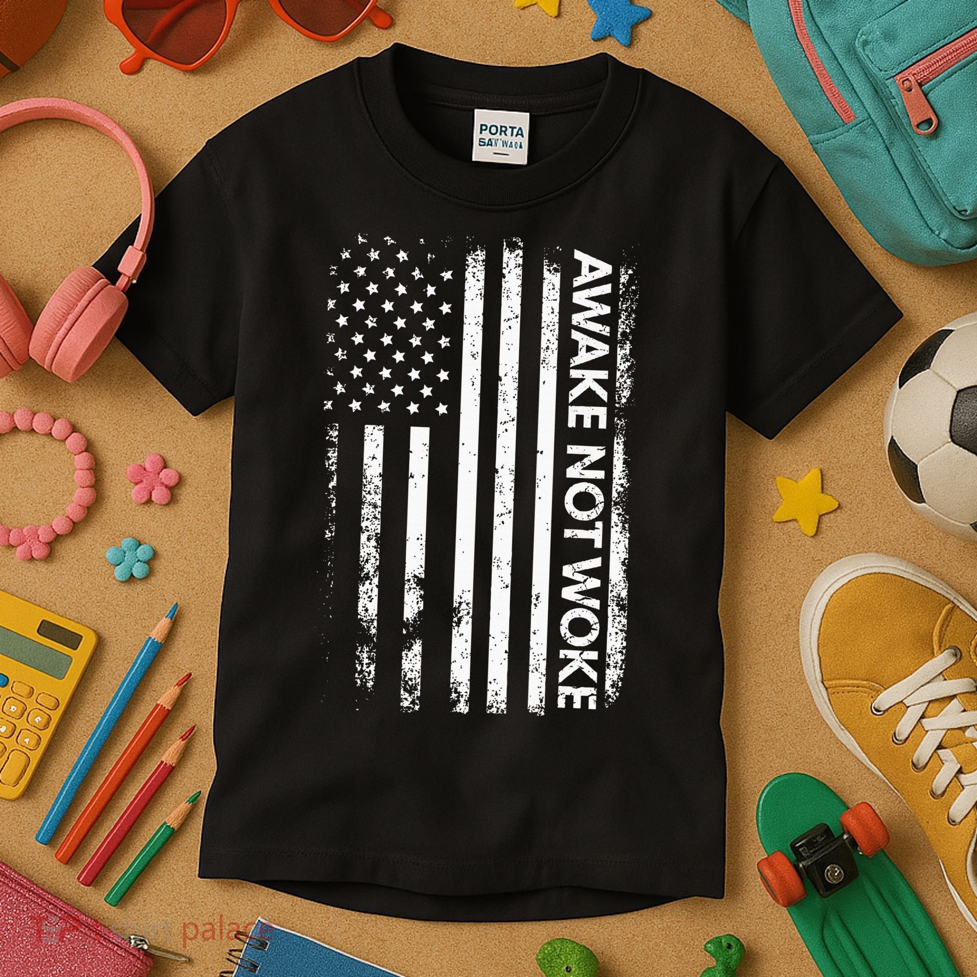 Awake Not Woke American Flag Free Speech Kids T-Shirt