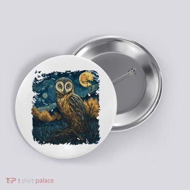 An Owl In The Night Forest Painting Button