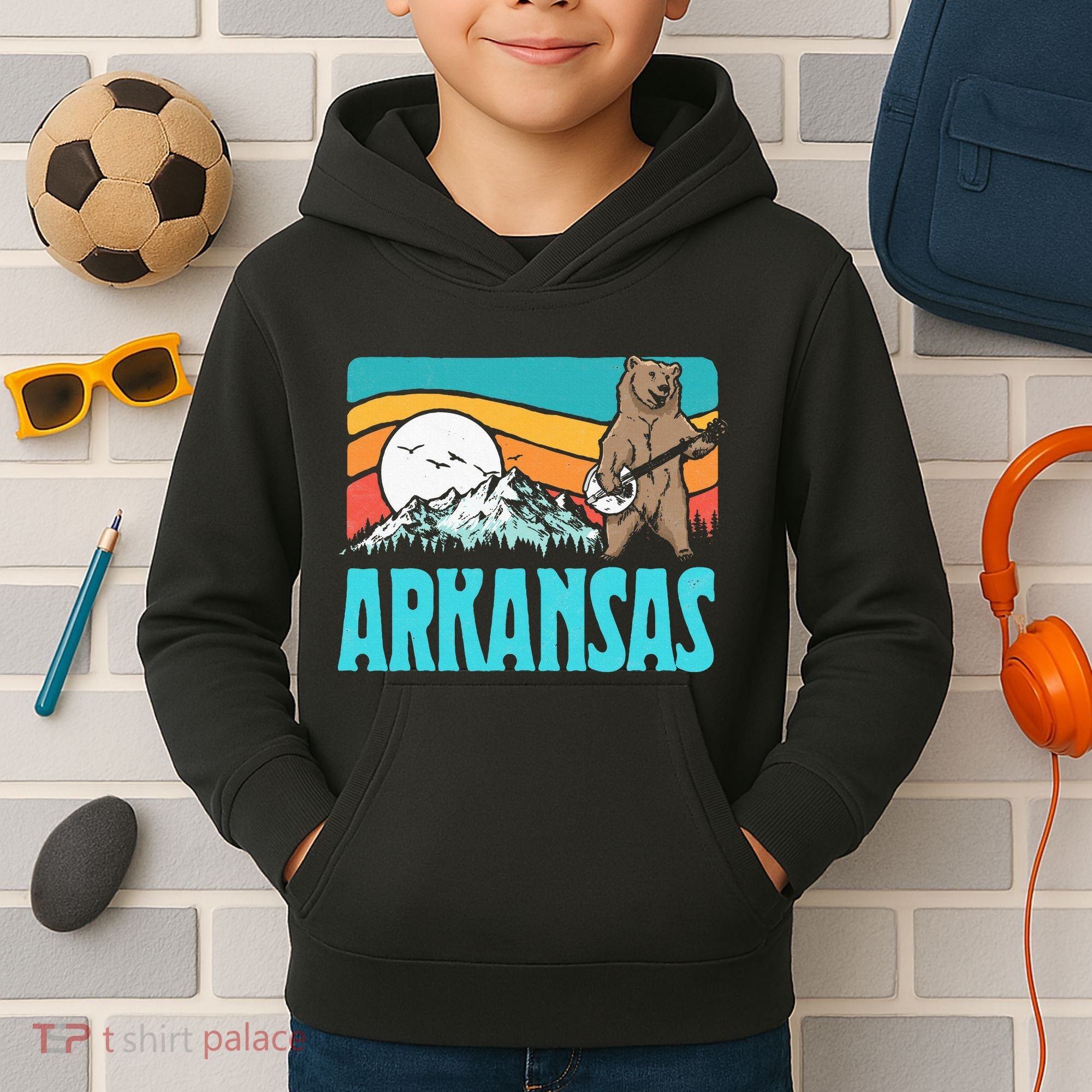 Arkansas Ozark Mountains Bluegrass Banjo Bear Kids Hoodie