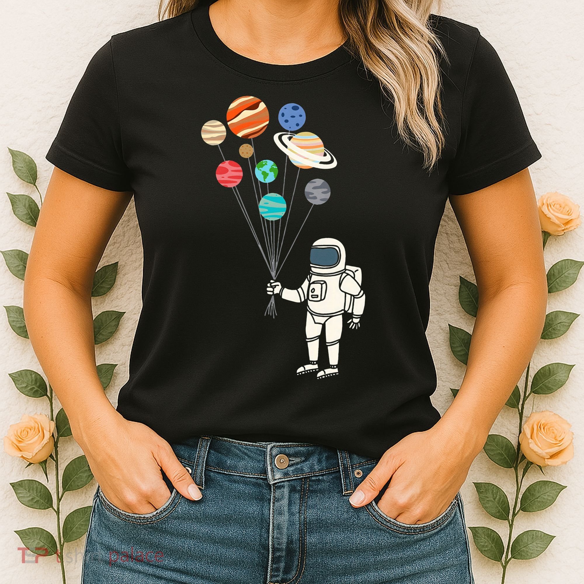 Astronaut Planets Balloons Funny Solar Space Birthday Party Women's T-Shirt