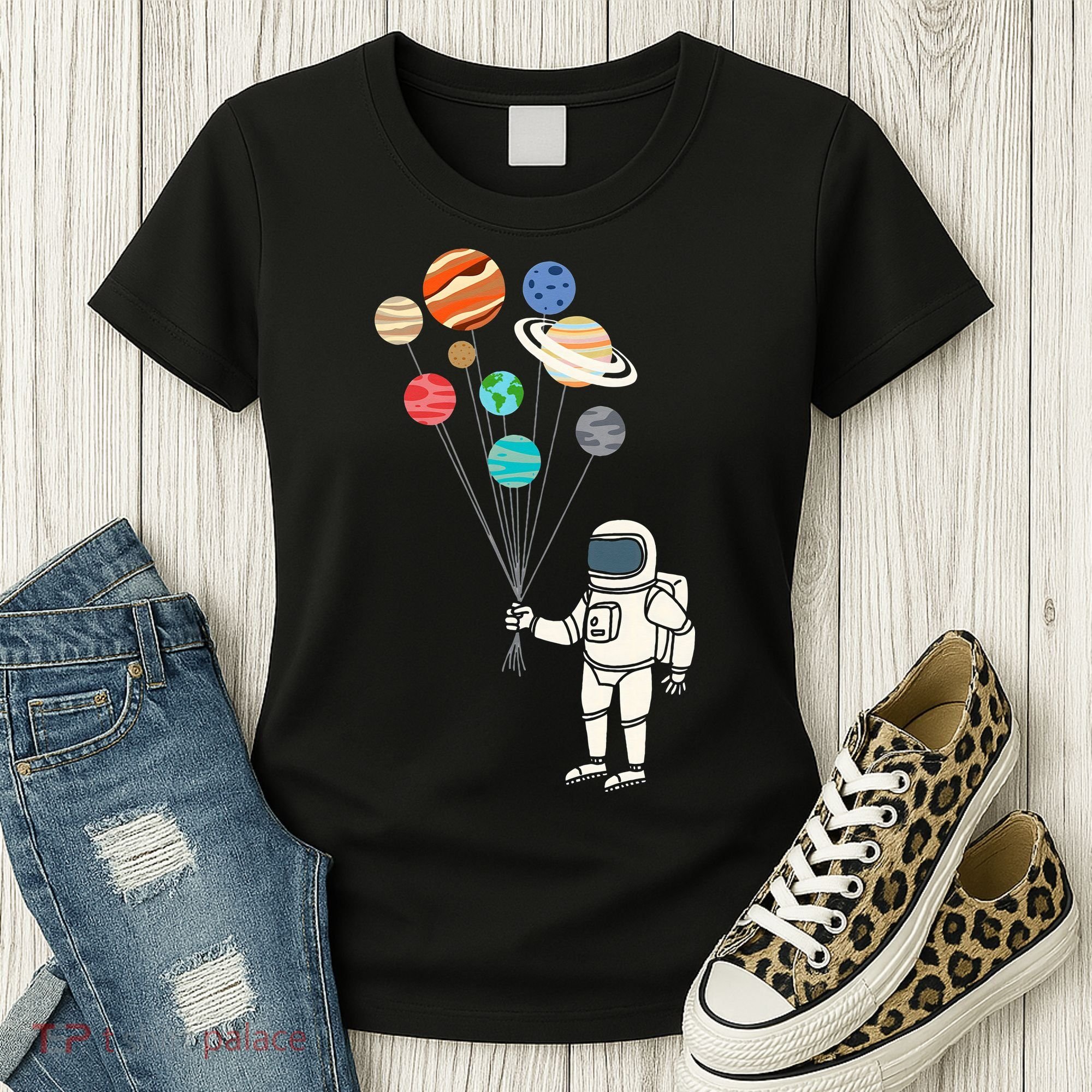 Astronaut Planets Balloons Funny Solar Space Birthday Party Women's T-Shirt