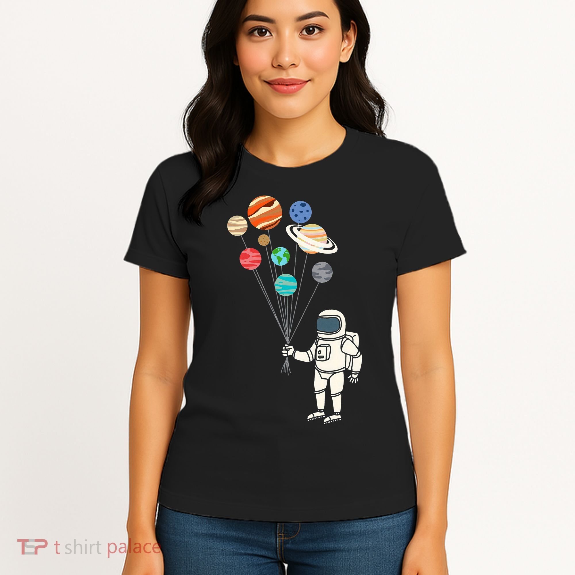 Astronaut Planets Balloons Funny Solar Space Birthday Party Women's T-Shirt