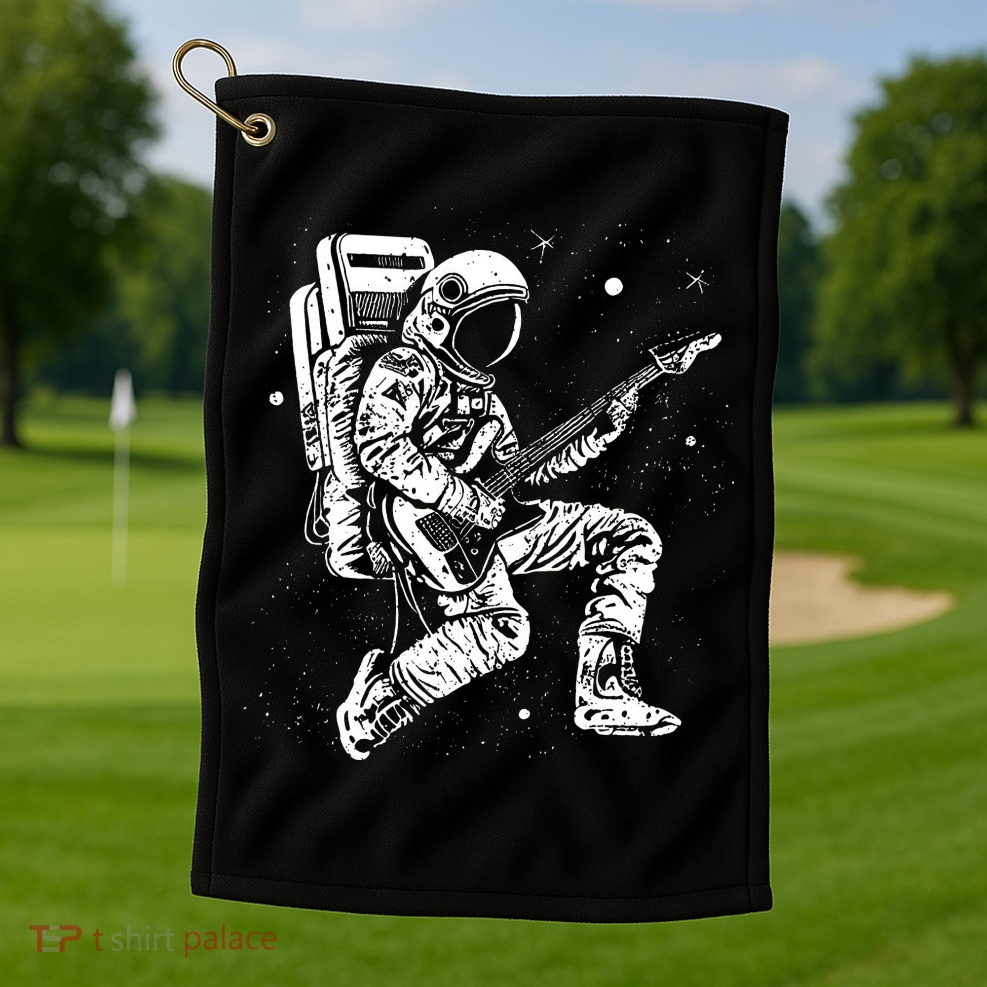 Astronaut playing electric guitar in space Astronaut Art Golf Towel