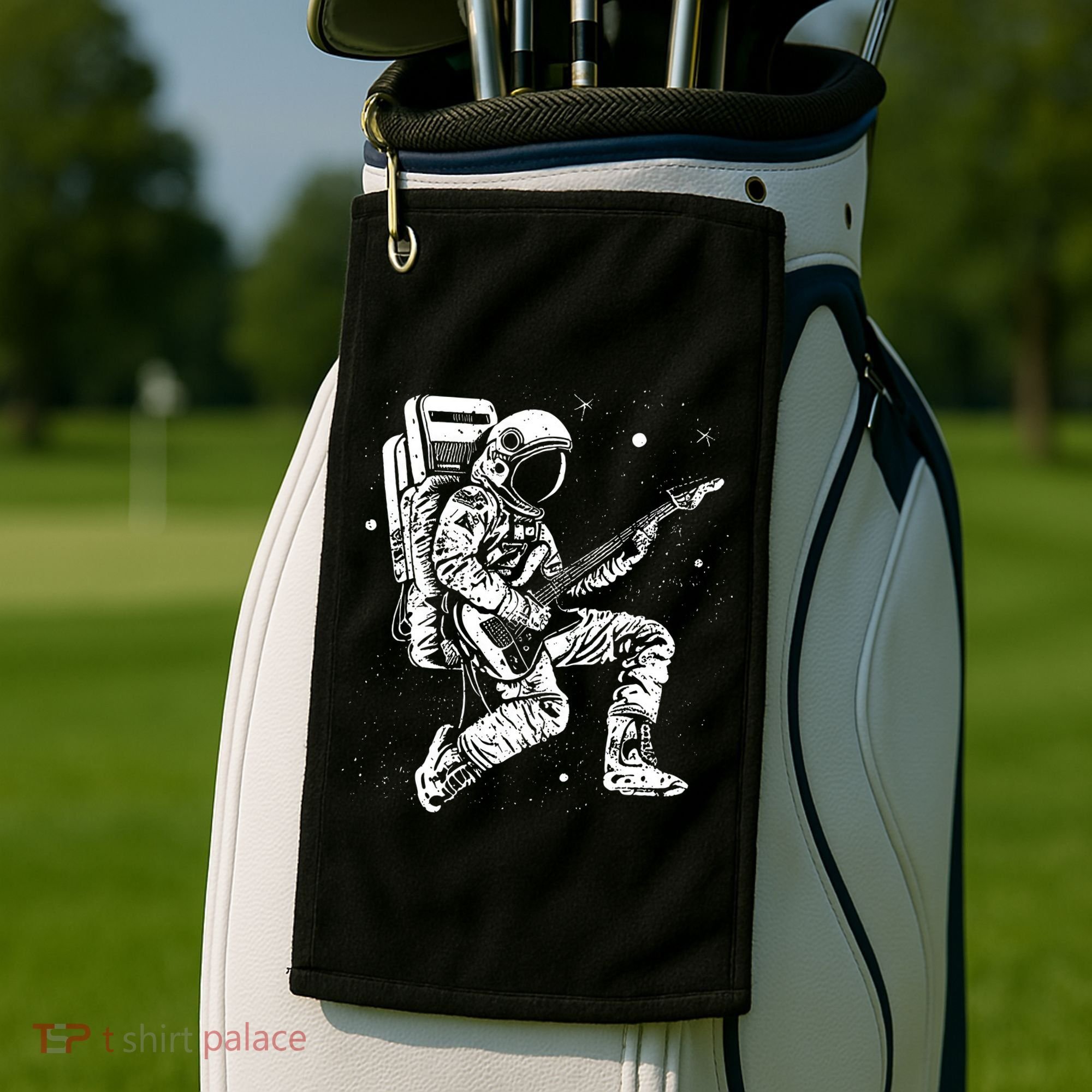 Astronaut playing electric guitar in space Astronaut Art Golf Towel