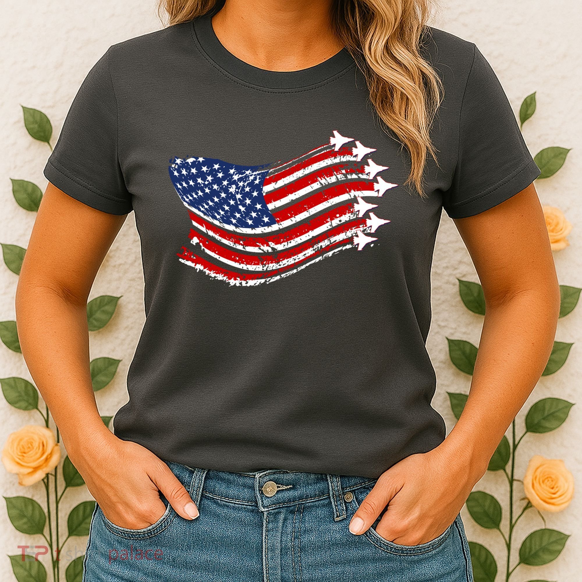 American Patriotic Fighter Jets Usa Flag Women's T-Shirt