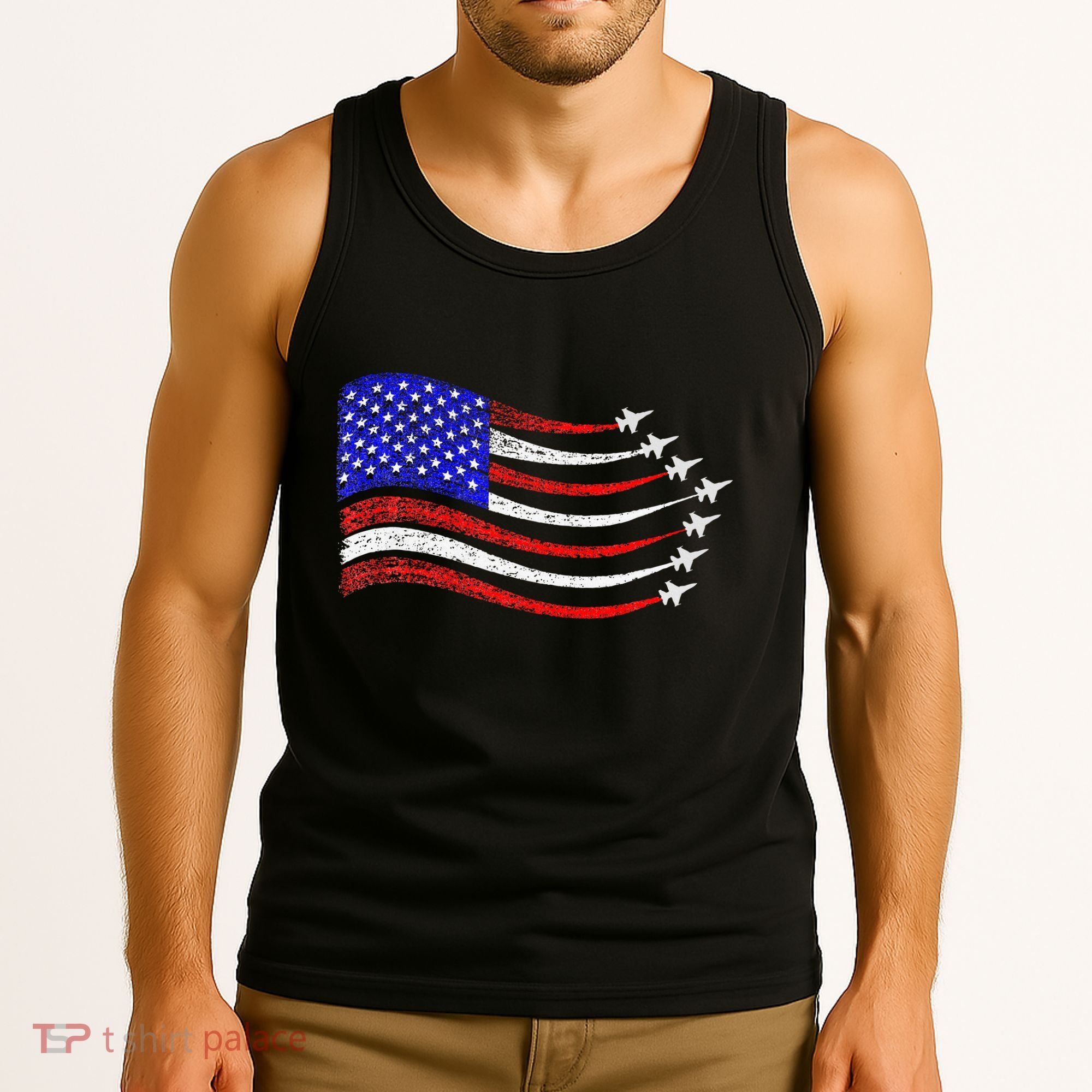 American Patriotic Fighter Jets Usa Flag Waving Tank Top