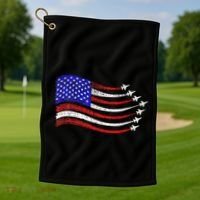 American Patriotic Fighter Jets Usa Flag Waving Golf Towel thumb 1